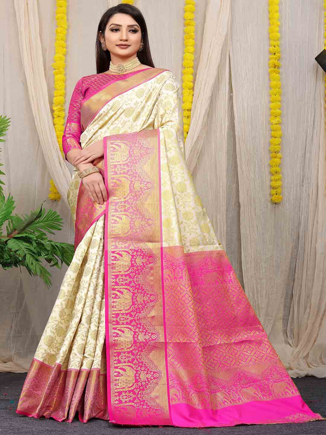 

Mitera Off White & Pink Floral Woven Design Zari Saree