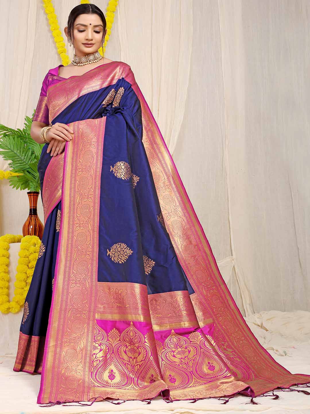 

Mitera Navy Blue and Pink Ethnic Motifs Woven Design Zari Saree