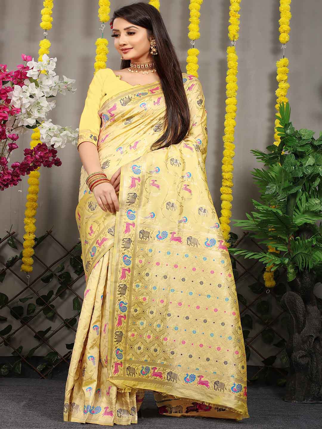 

Mitera Yellow & Blue Woven Design Zari Saree