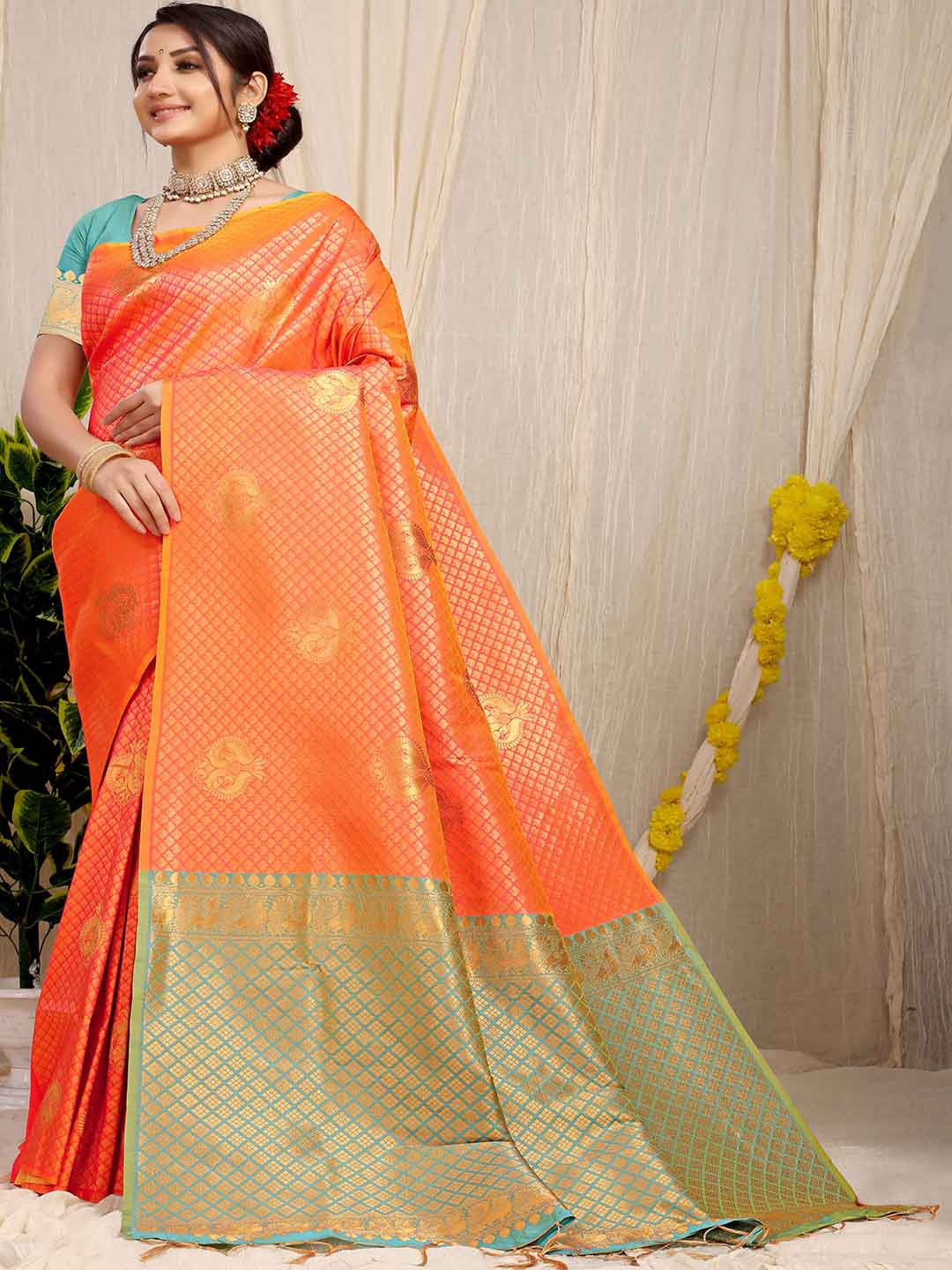 

Mitera Ethnic Motifs Woven Design Zari Art Silk Saree, Orange