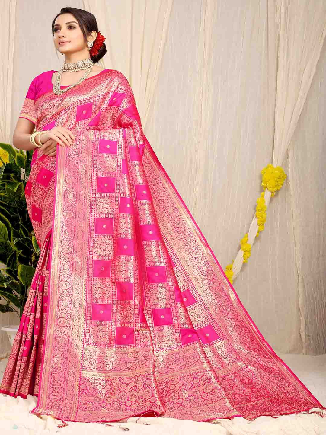 

Mitera Pink & Gold-Toned Ethnic Motifs Woven Design Zari Saree