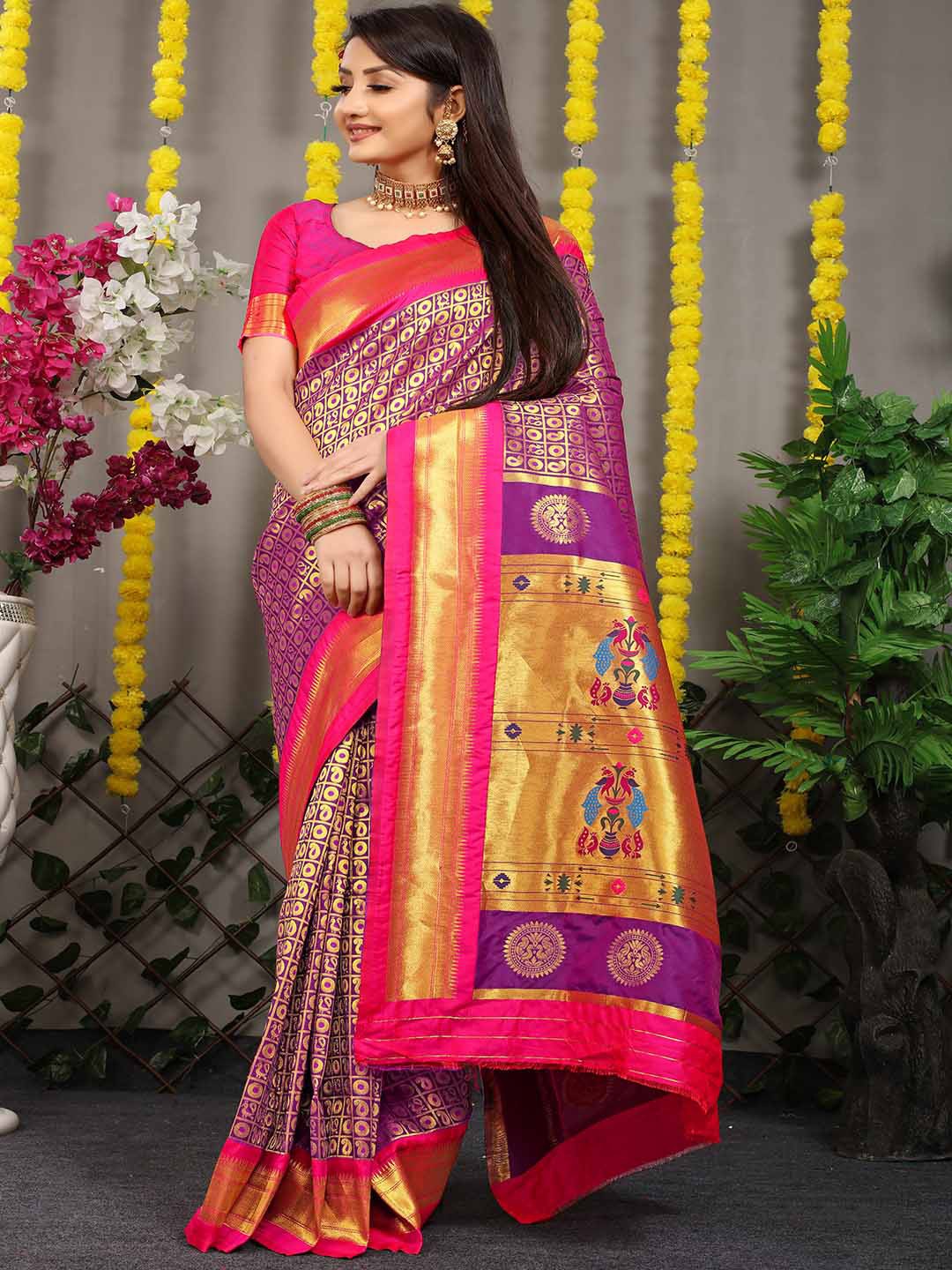 

Mitera Pink & Gold-Toned Ethnic Motifs Woven Design Zari Saree