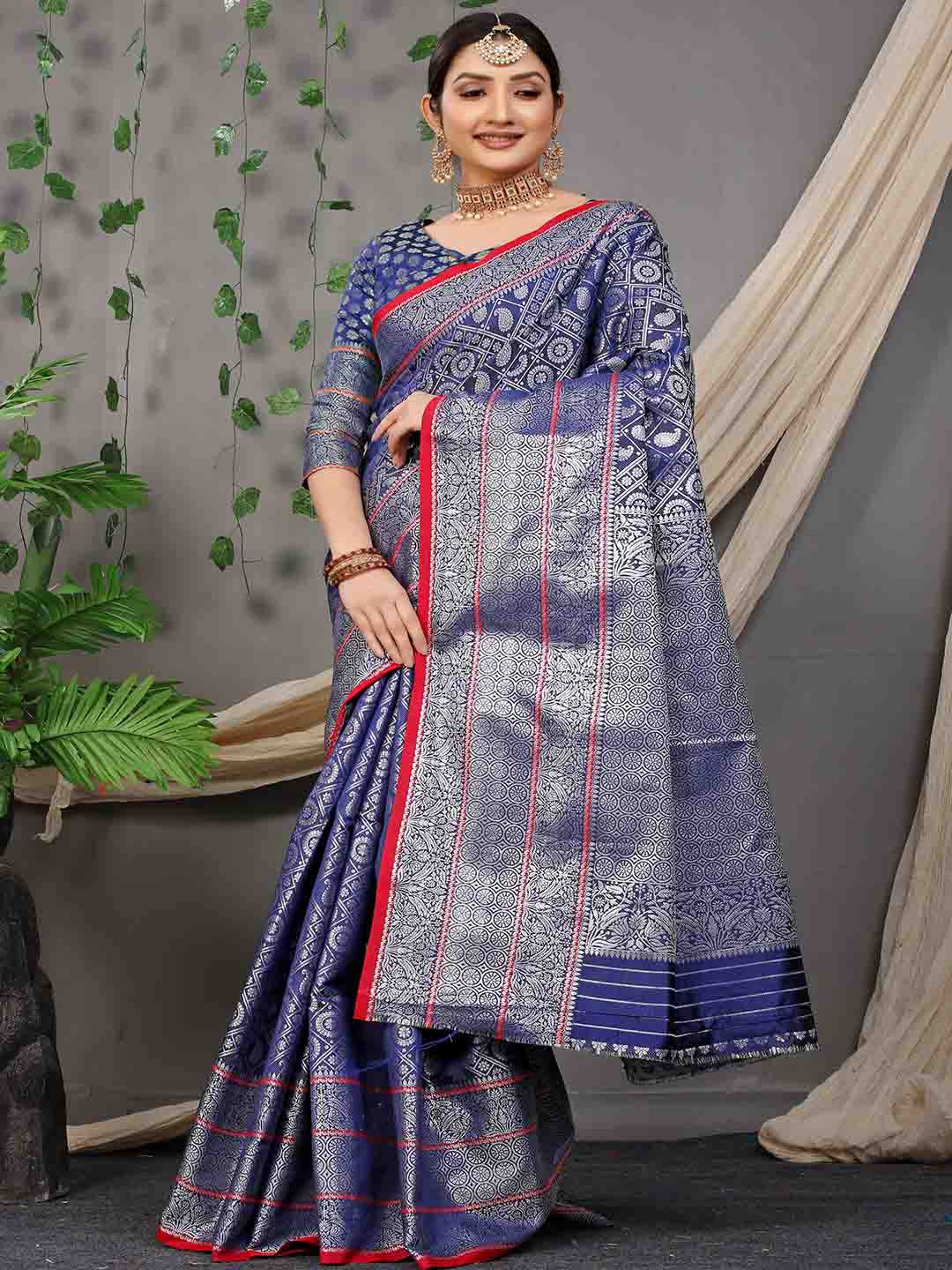 

Mitera Blue & Silver-Toned Ethnic Motifs Woven Design Zari Saree