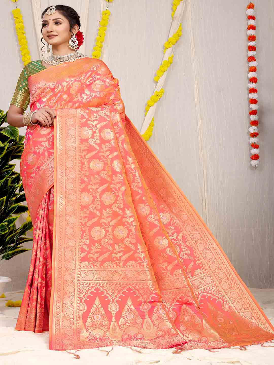 

Mitera Peach-Coloured & Gold-Toned Floral Woven Design Zari Saree