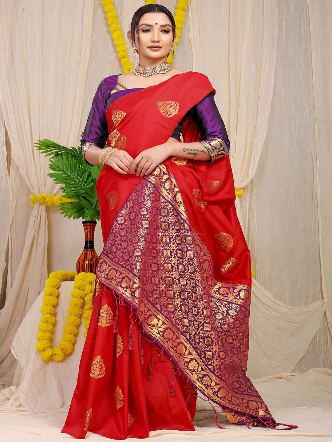 

Mitera Red & Purple Ethnic Motifs Woven Design Zari Art Silk Saree