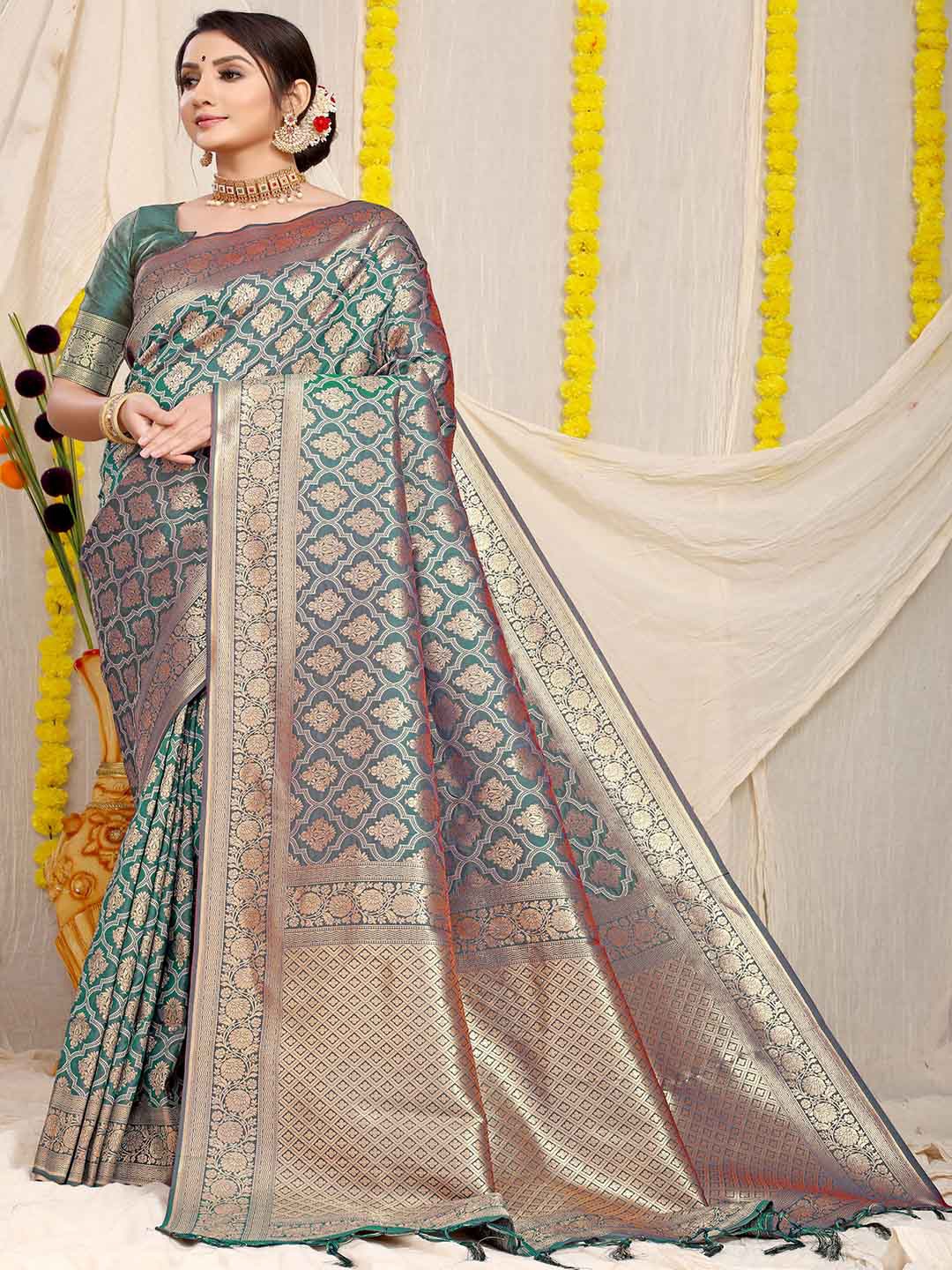 

Mitera Blue & Gold-Toned Ethnic Motifs Woven Design Zari Art Silk Saree