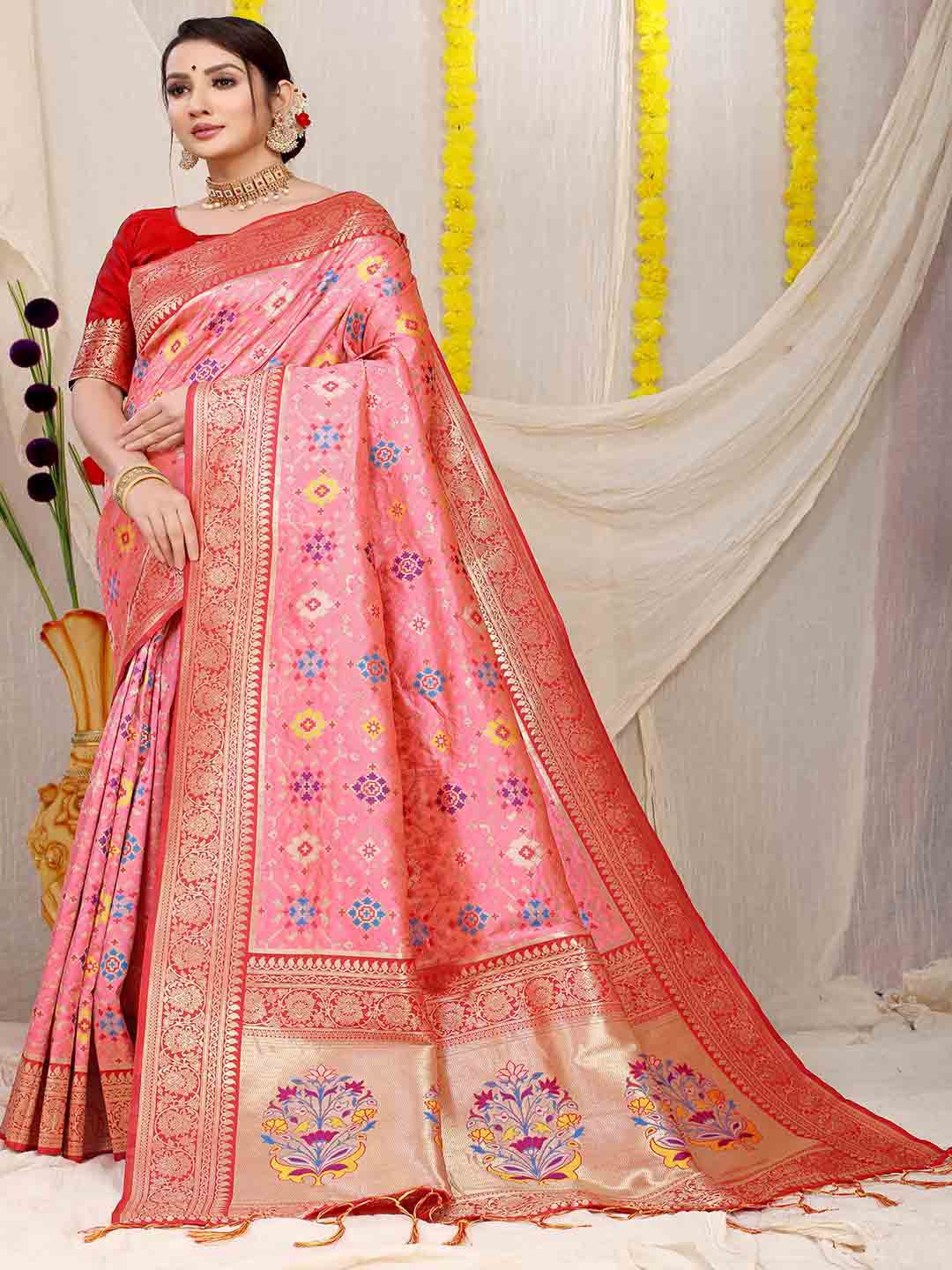 

Mitera Pink Ethnic Motifs Woven Design Zari Saree