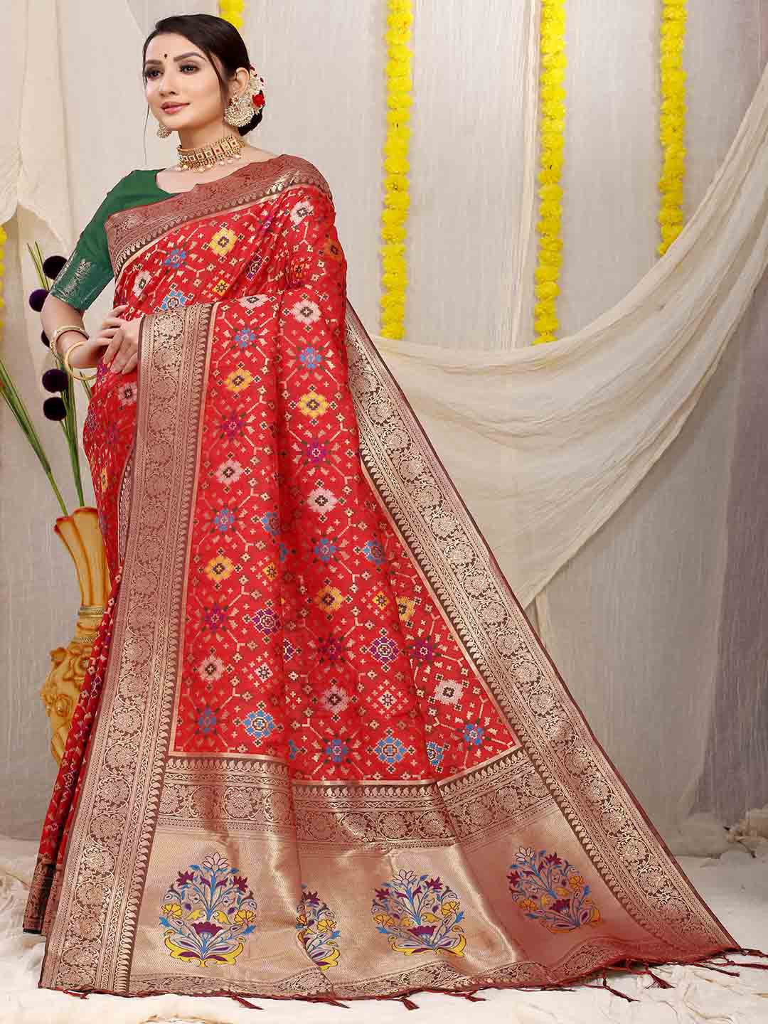 

Mitera Geometric Woven Design Zari Art Silk Saree, Red