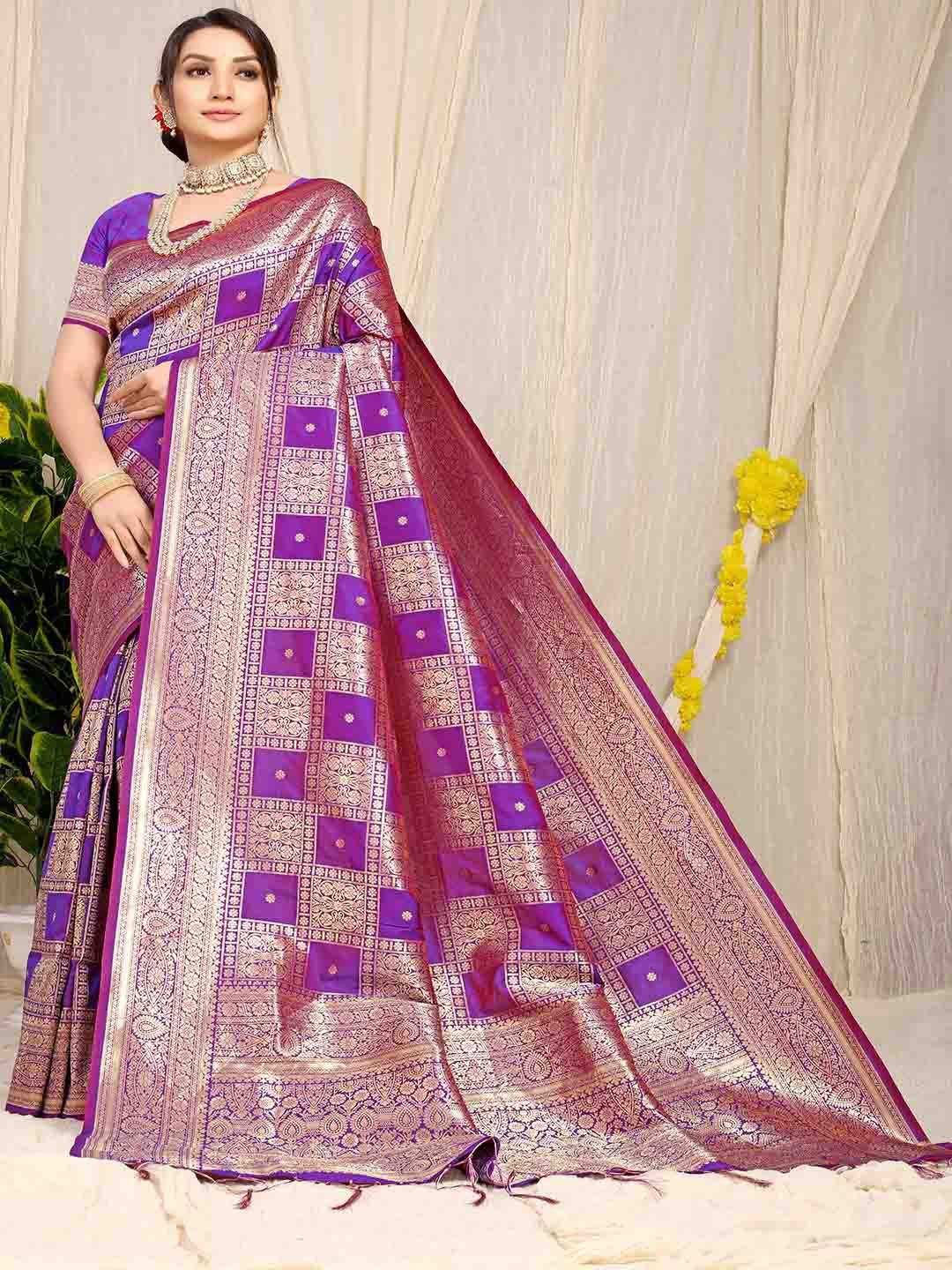 

Mitera Purple Floral Woven Design Zari Saree