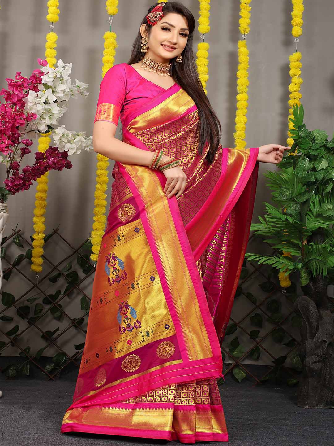 

Mitera Pink & Grey Ethnic Motifs Woven Design Zari Saree