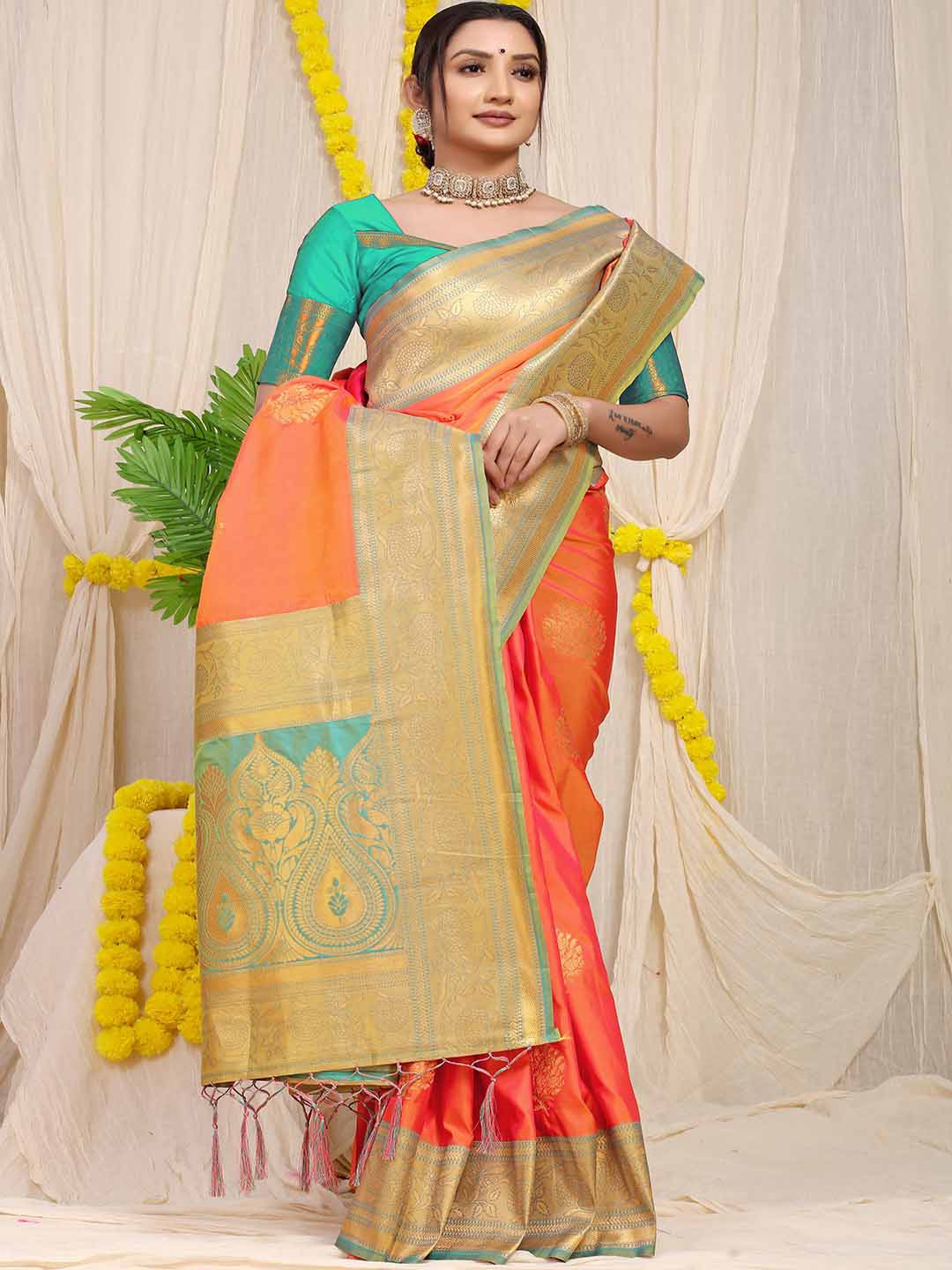 

Mitera Floral Woven Design Zari Art Silk Saree, Peach