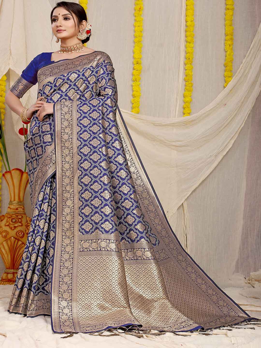 

Mitera Blue and Gold-Toned Ethnic Motifs Woven Design Zari Saree