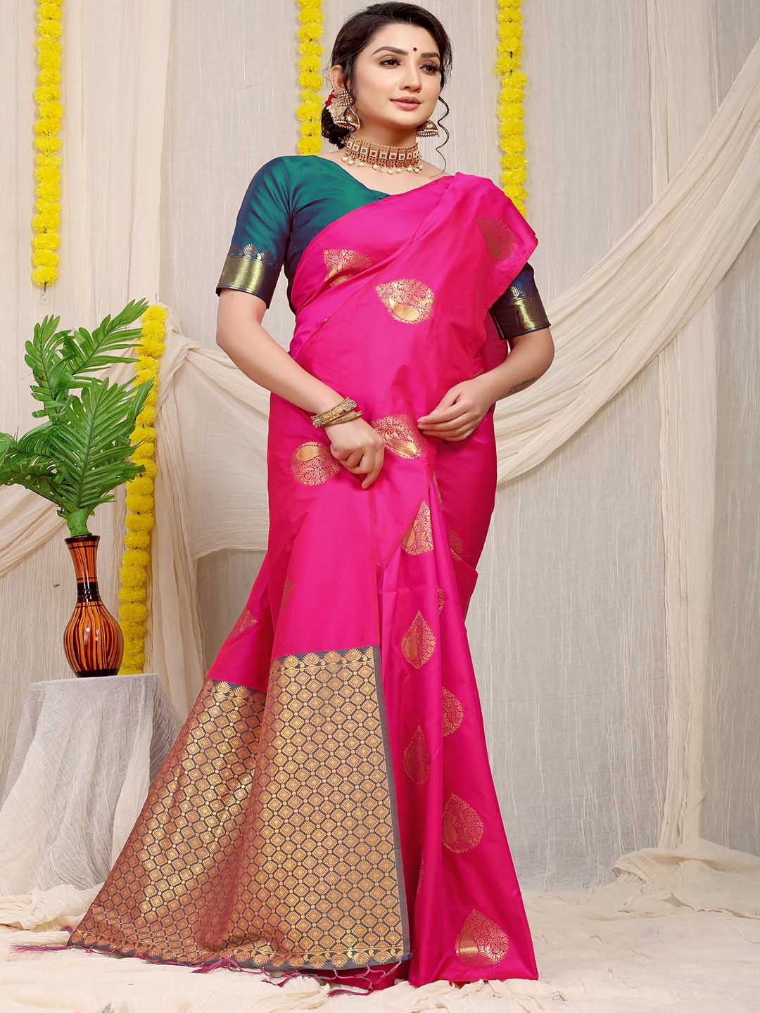 

Mitera Ethnic Motifs Woven Design Zari Art Silk Saree, Pink