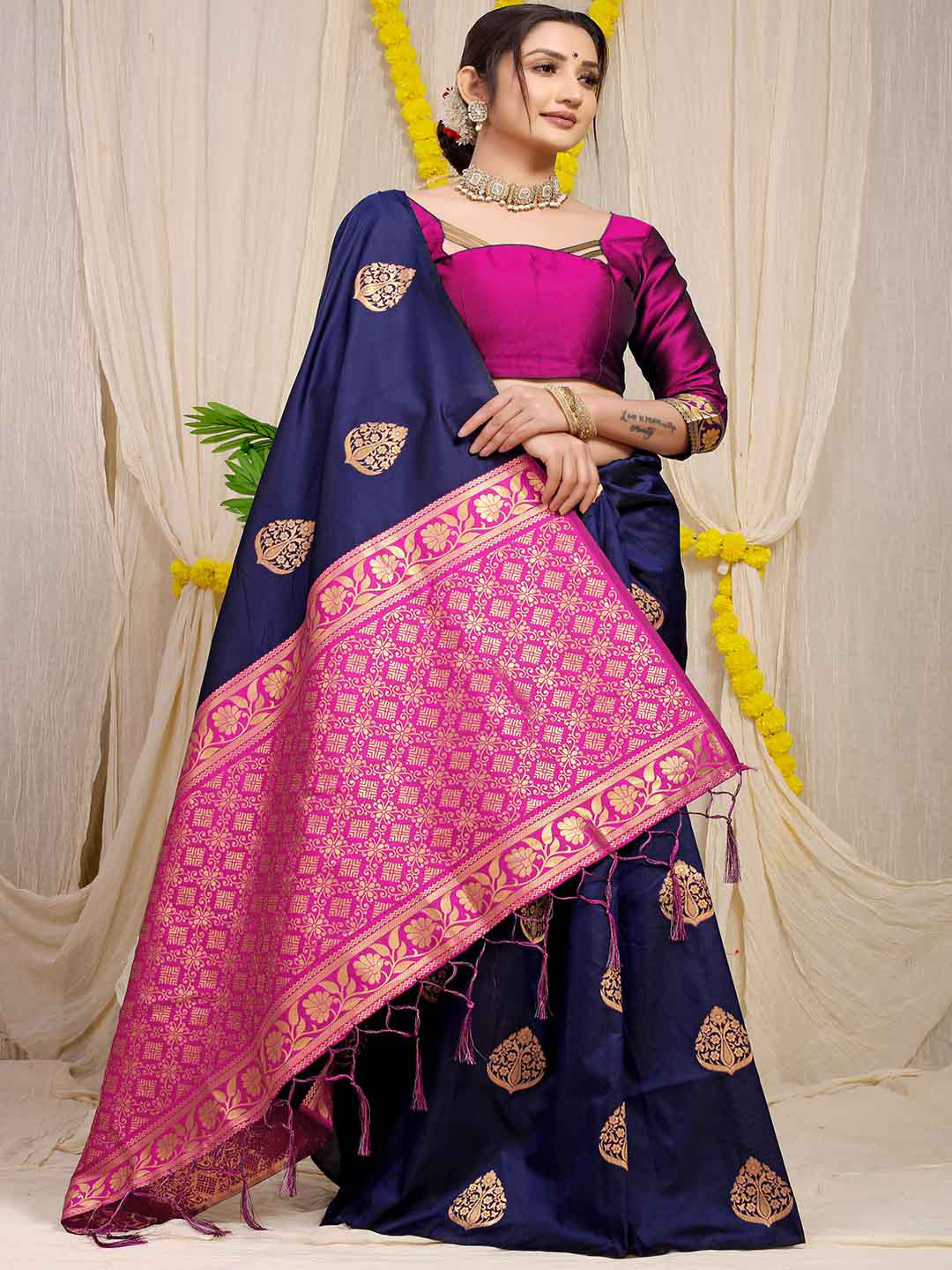 

Mitera Ethnic Motifs Woven Design Zari Art Silk Saree, Navy blue