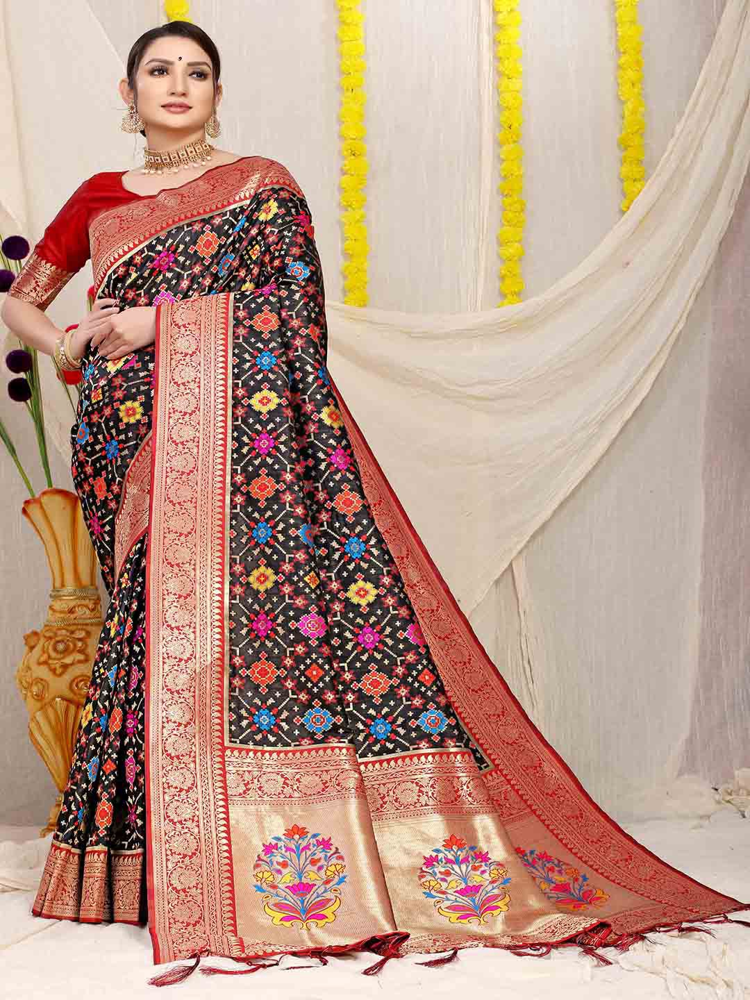 

Mitera Orange & Black Floral Woven Design Zari Saree
