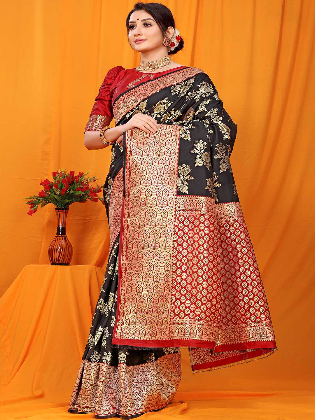 

Mitera Floral Woven Design Zari Art Silk Saree, Black