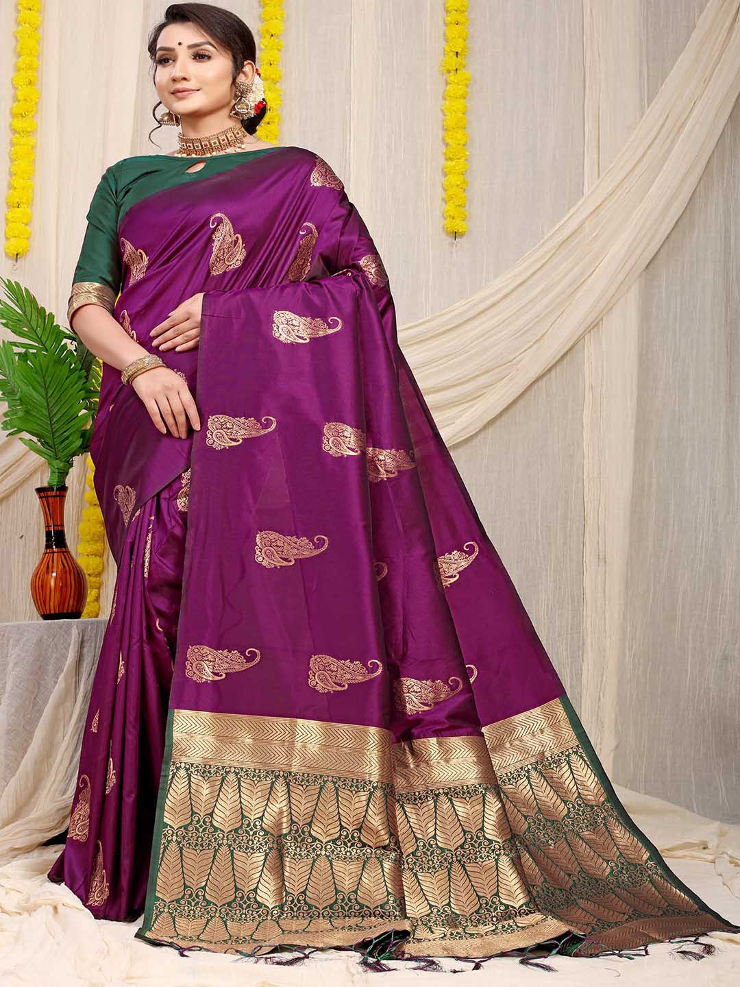 

Mitera Ethnic Motifs Woven Design Zari Art Silk Saree, Purple