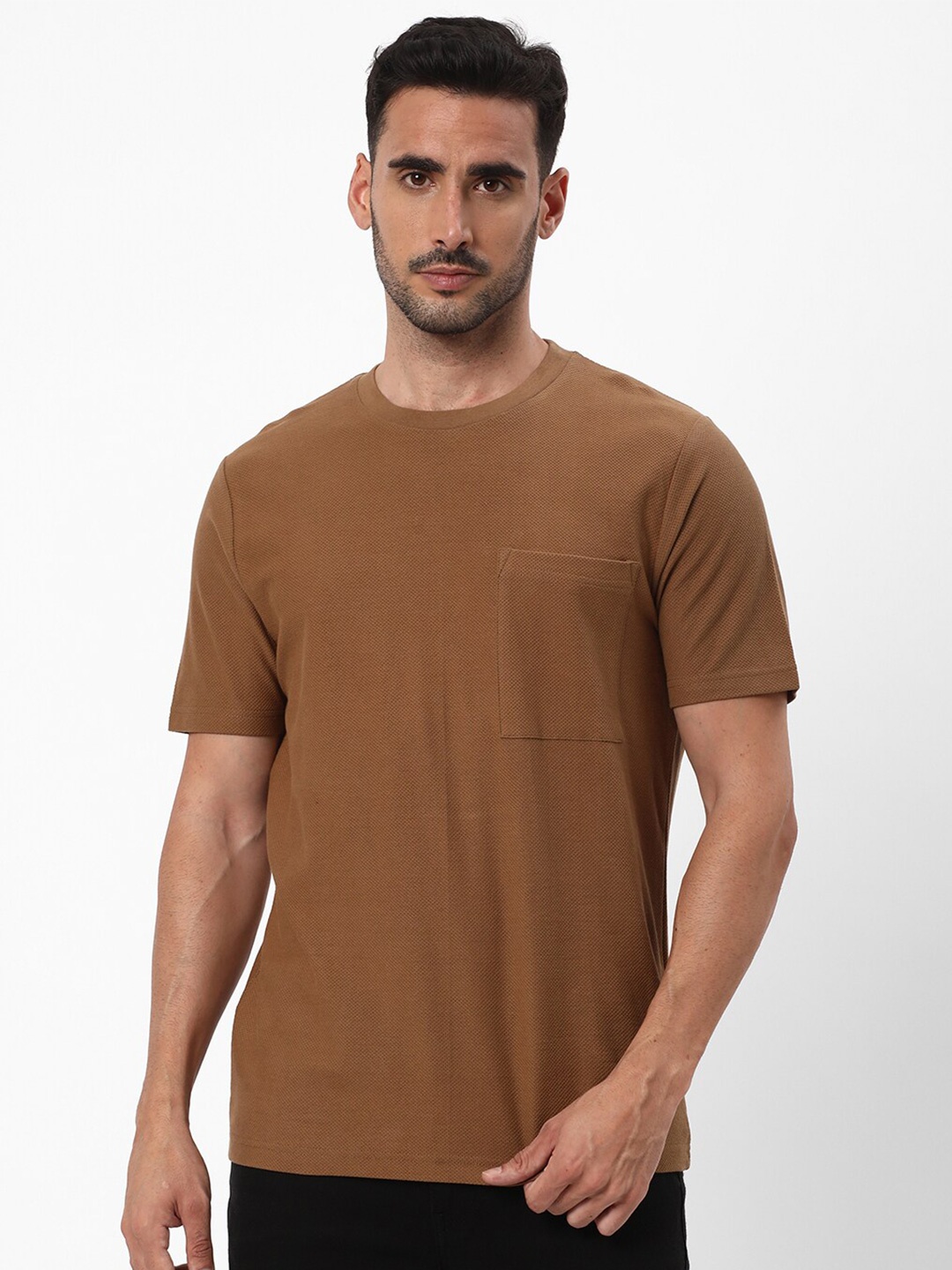 

R&B Round Neck Cotton Casual T-Shirt, Brown
