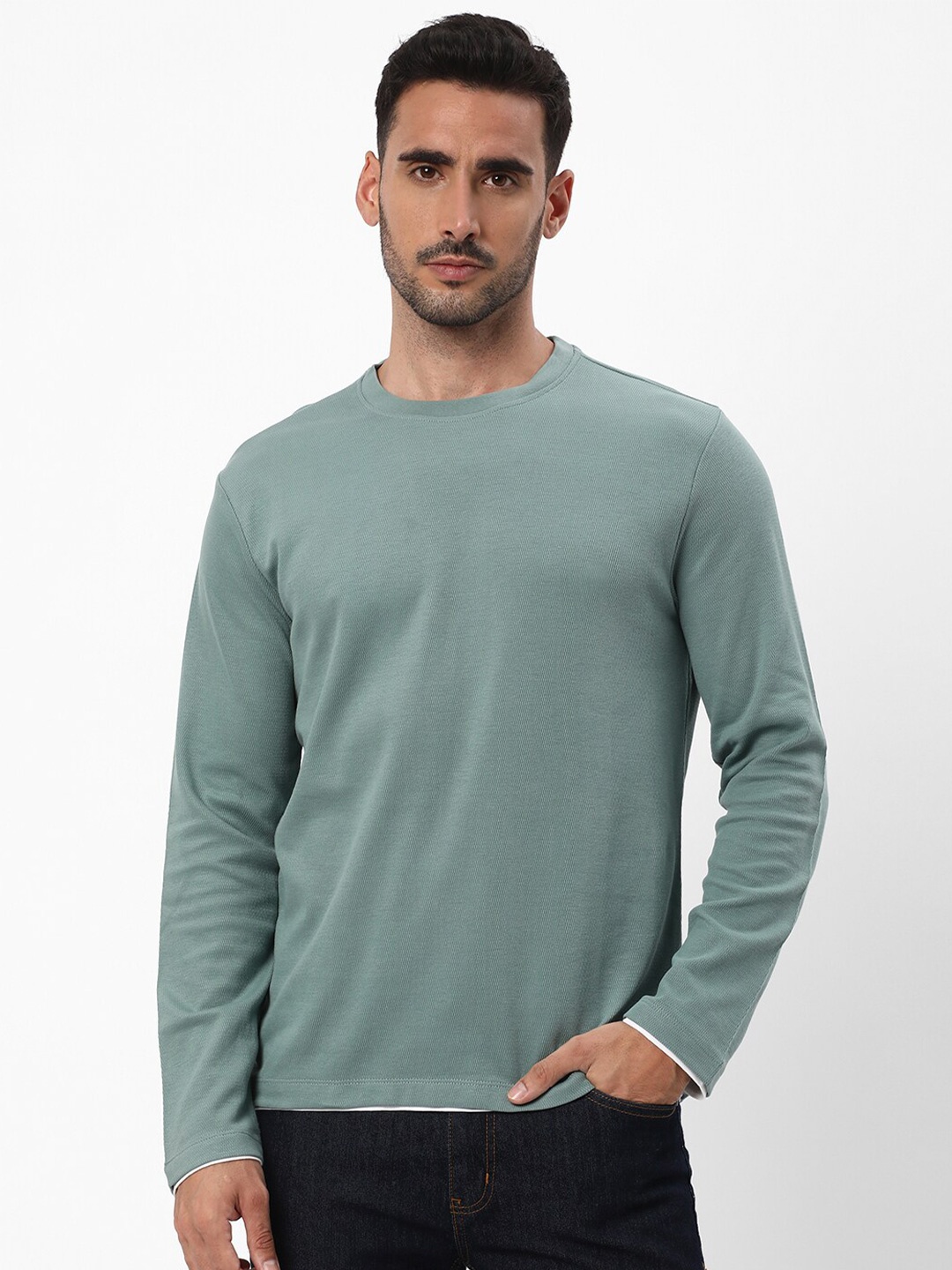 

R&B Round Neck Long Sleeves Cotton T-shirt, Green