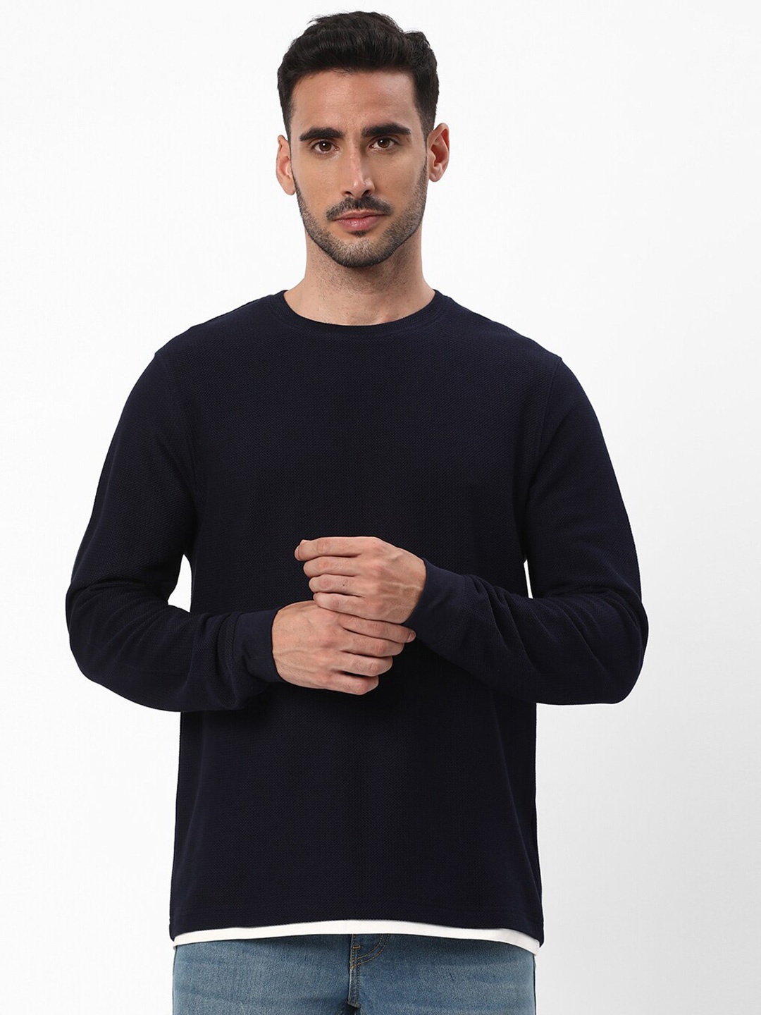

R&B Round Neck Long Sleeves Cotton T-shirt, Blue