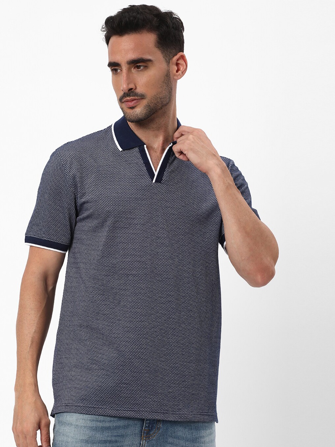 

R&B Self Design Polo Collar Cotton T-shirt, Blue