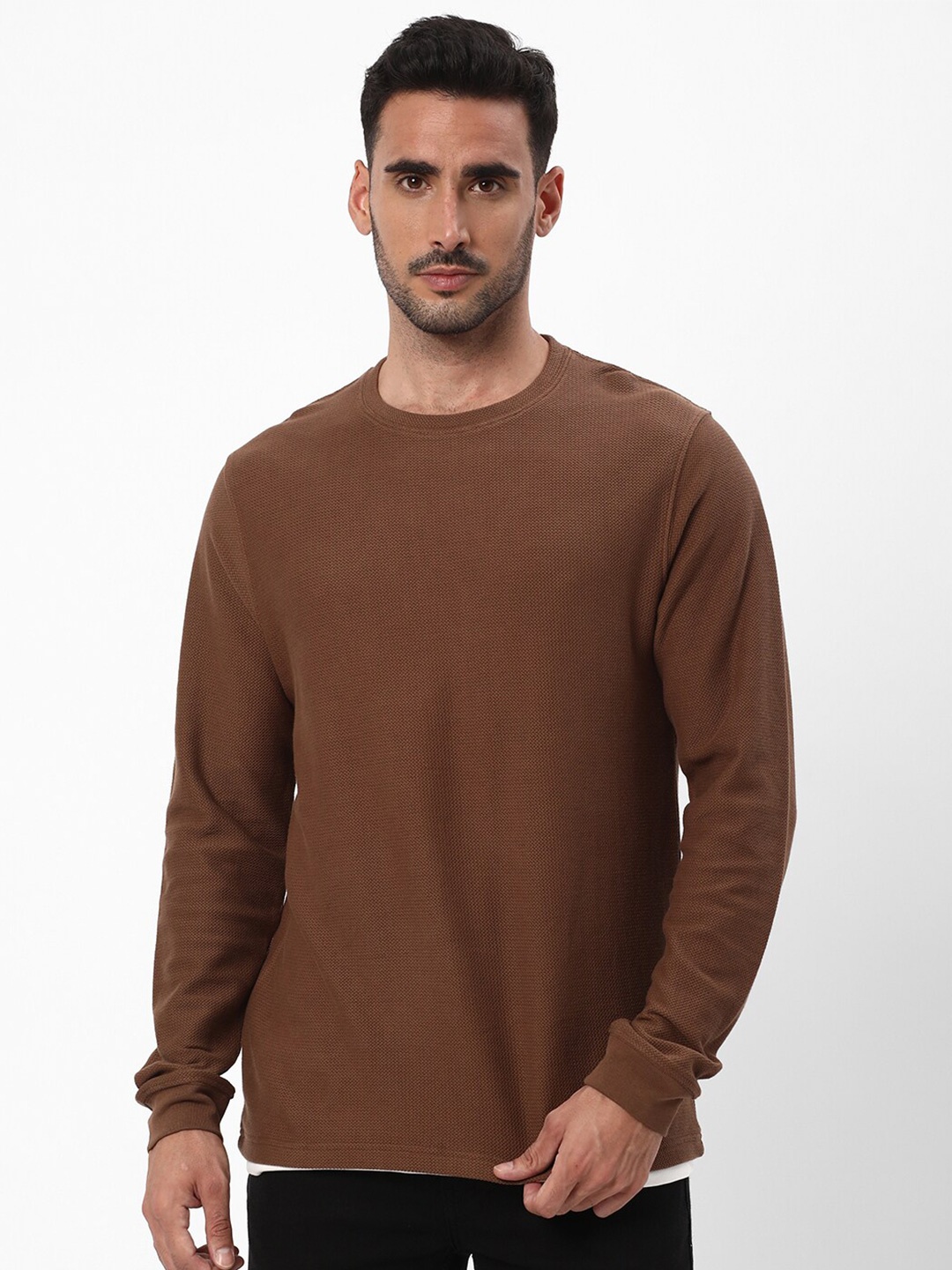 

R&B Round Neck Long Sleeves Cotton T-shirt, Brown