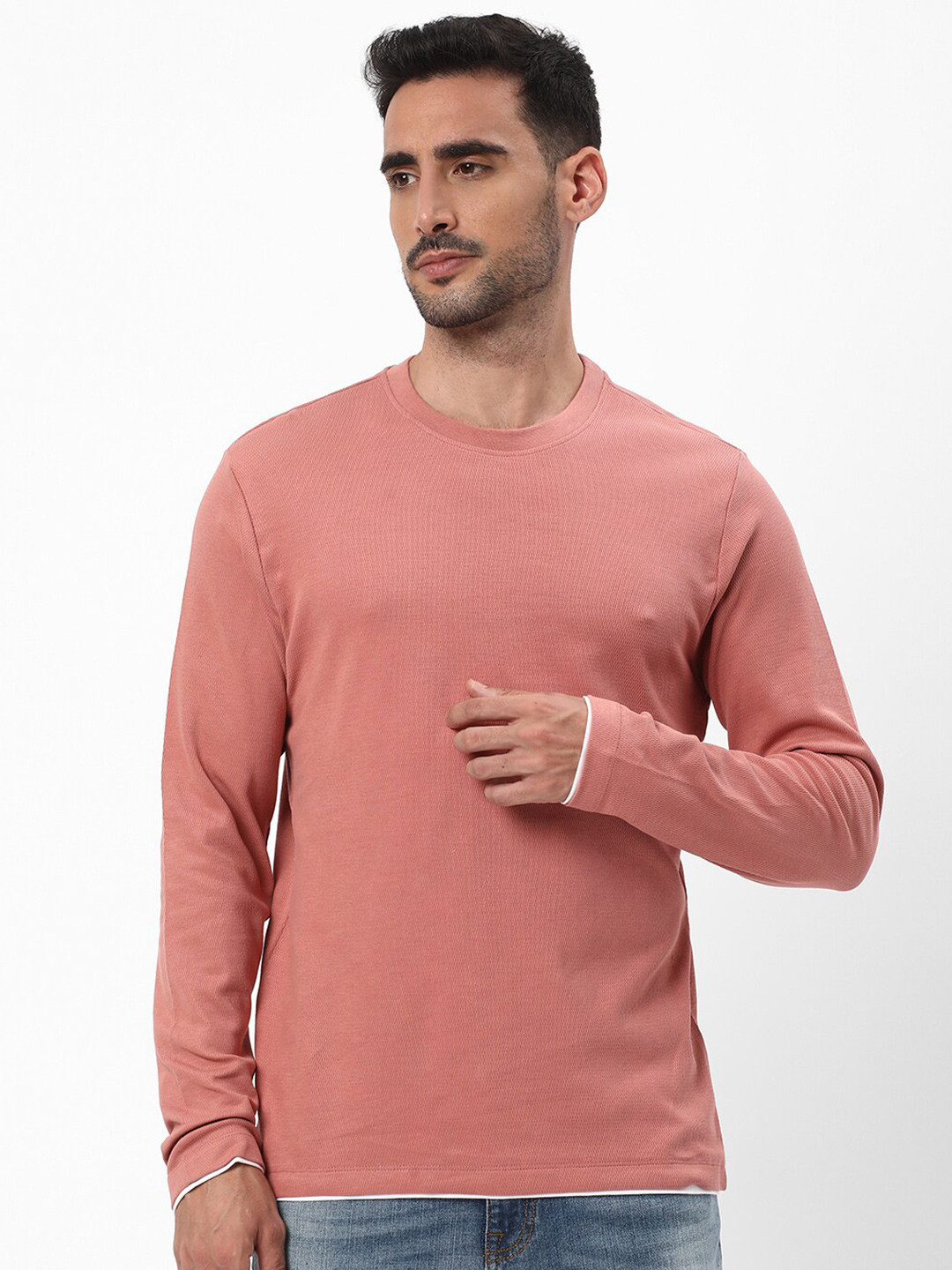 

R&B Round Neck Long Sleeves Cotton T-shirt, Pink