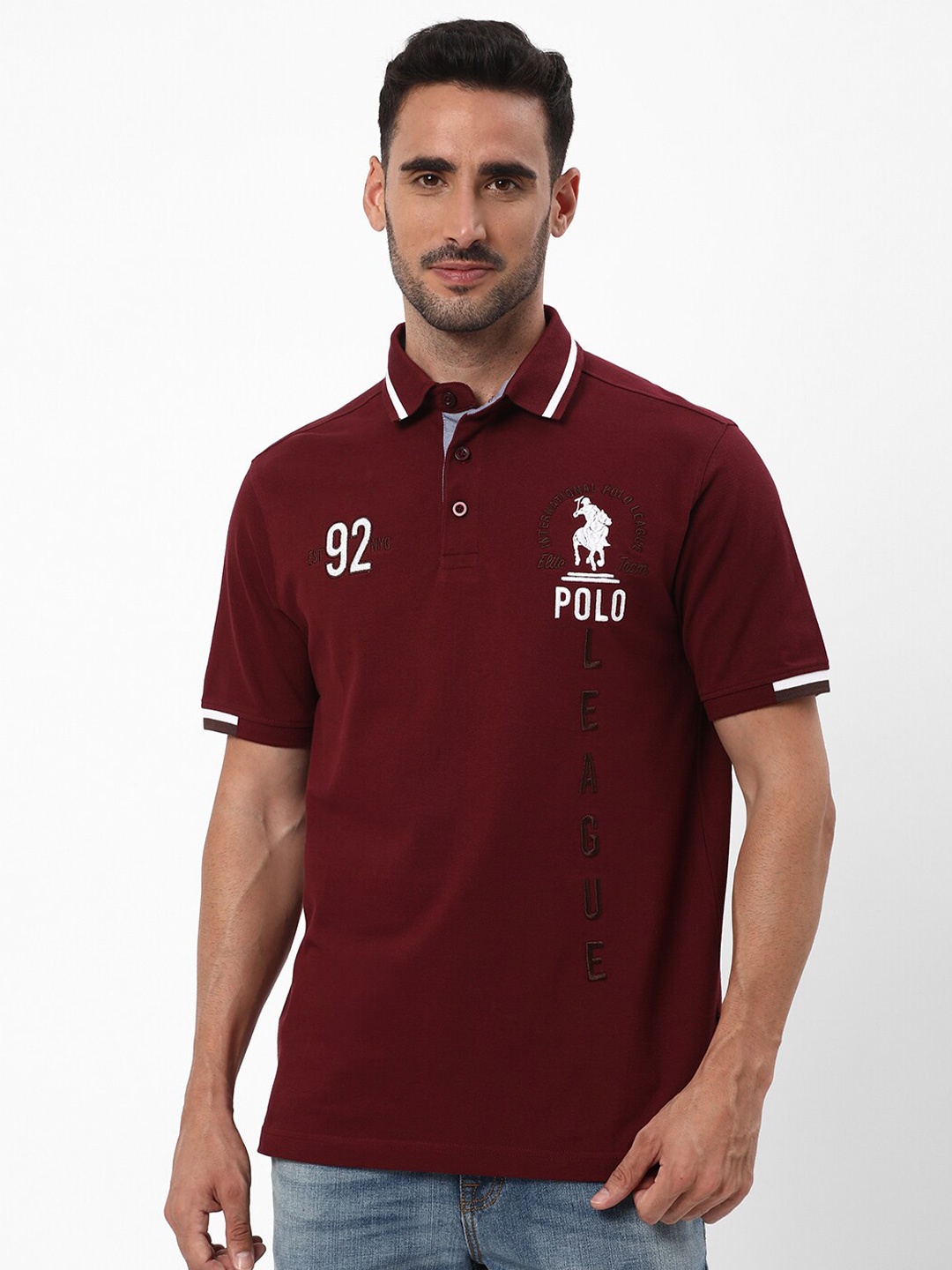 

R&B Typography Embroidered Polo Collar Cotton T-shirt, Red