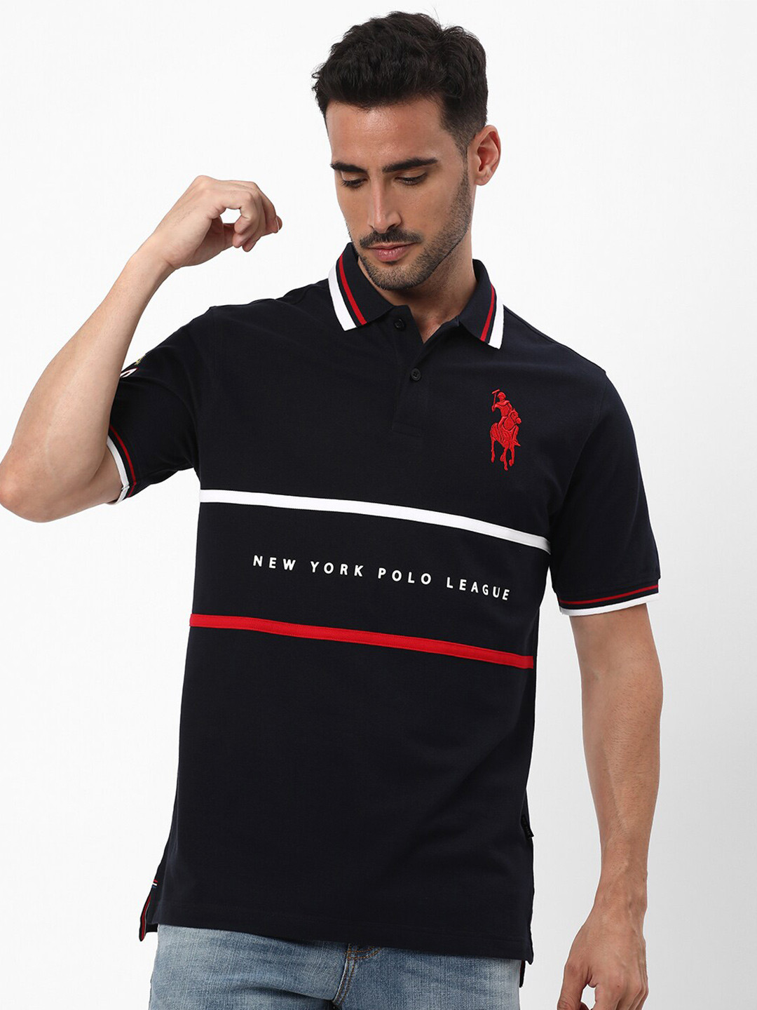 

R&B Typography Printed Polo Collar Cotton T-shirt, Blue
