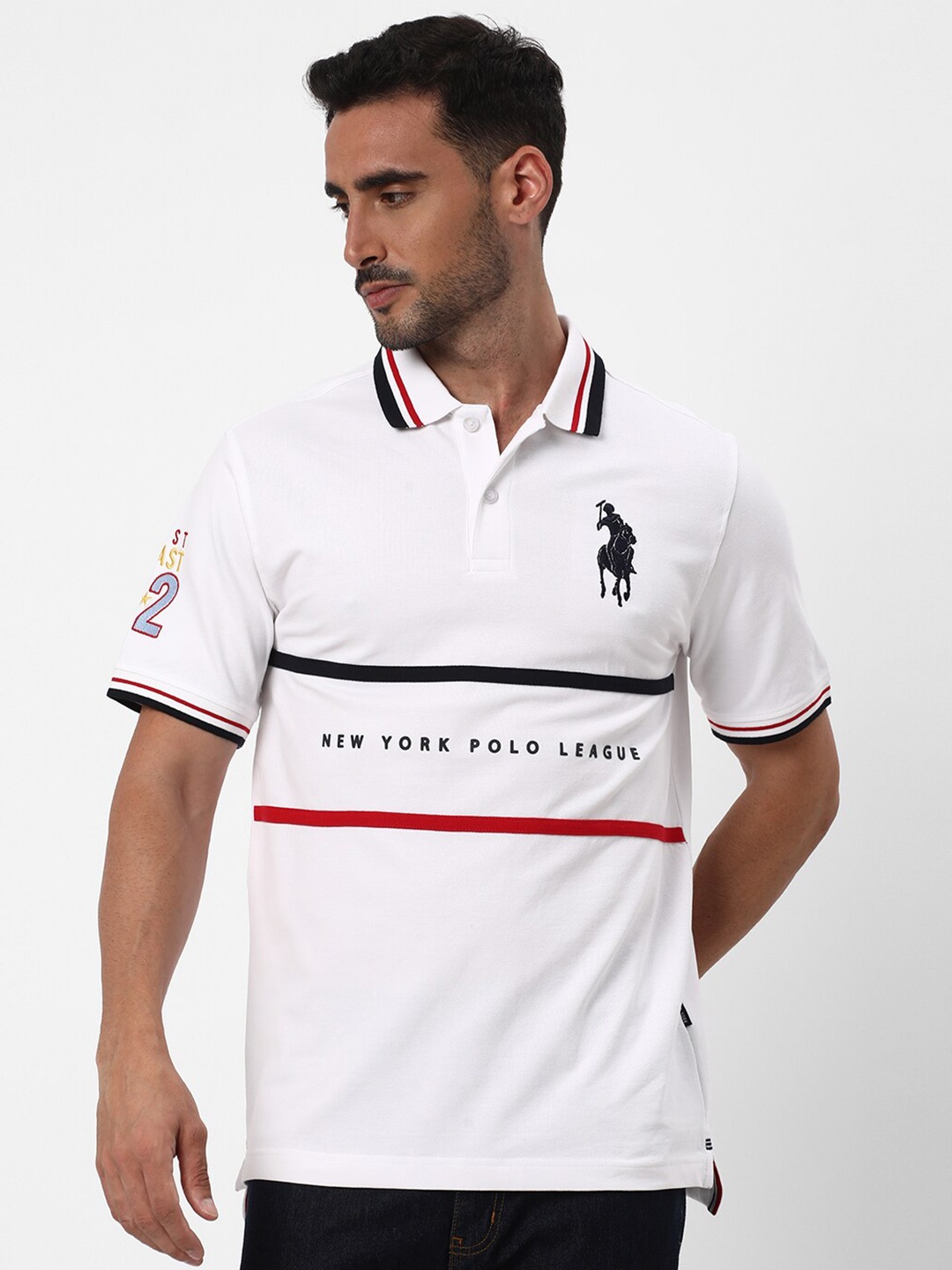 

R&B Typography Printed Polo Collar Cotton T-shirt, White