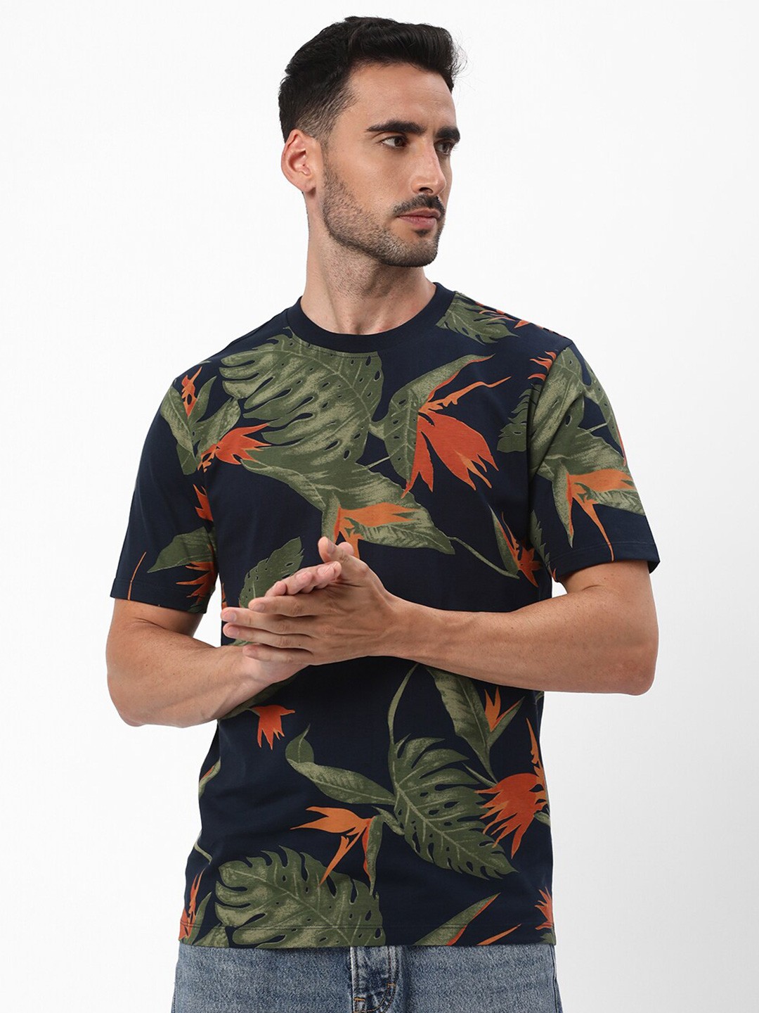 

R&B Conversational Printed Round Neck Cotton Regular T-shirt, Blue