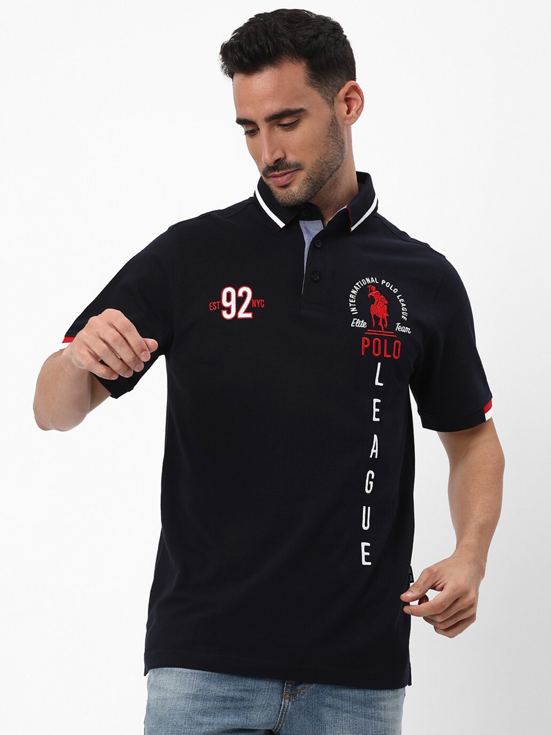 

R&B Typography Printed Polo Collar Cotton Regular T-shirt, Blue