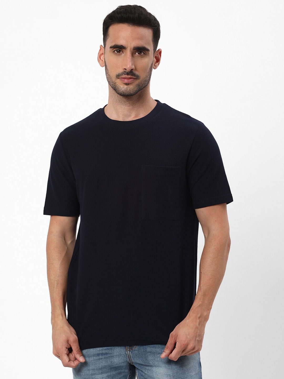 

R&B Round Neck Pockets Cotton Regular T-shirt, Blue