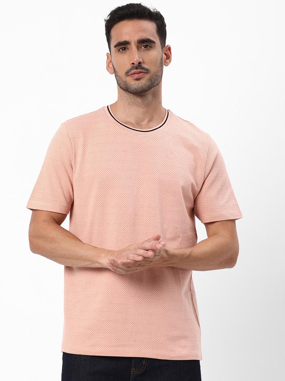

R&B Self Design Round Neck Cotton Tshirt, Pink