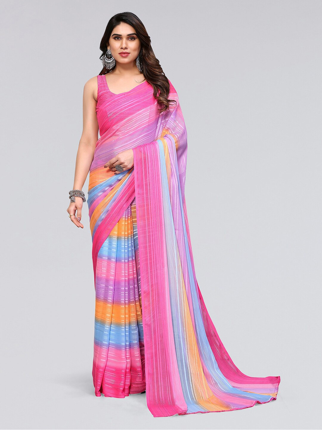 

KALINI Striped Zari Poly Georgette Saree, Pink