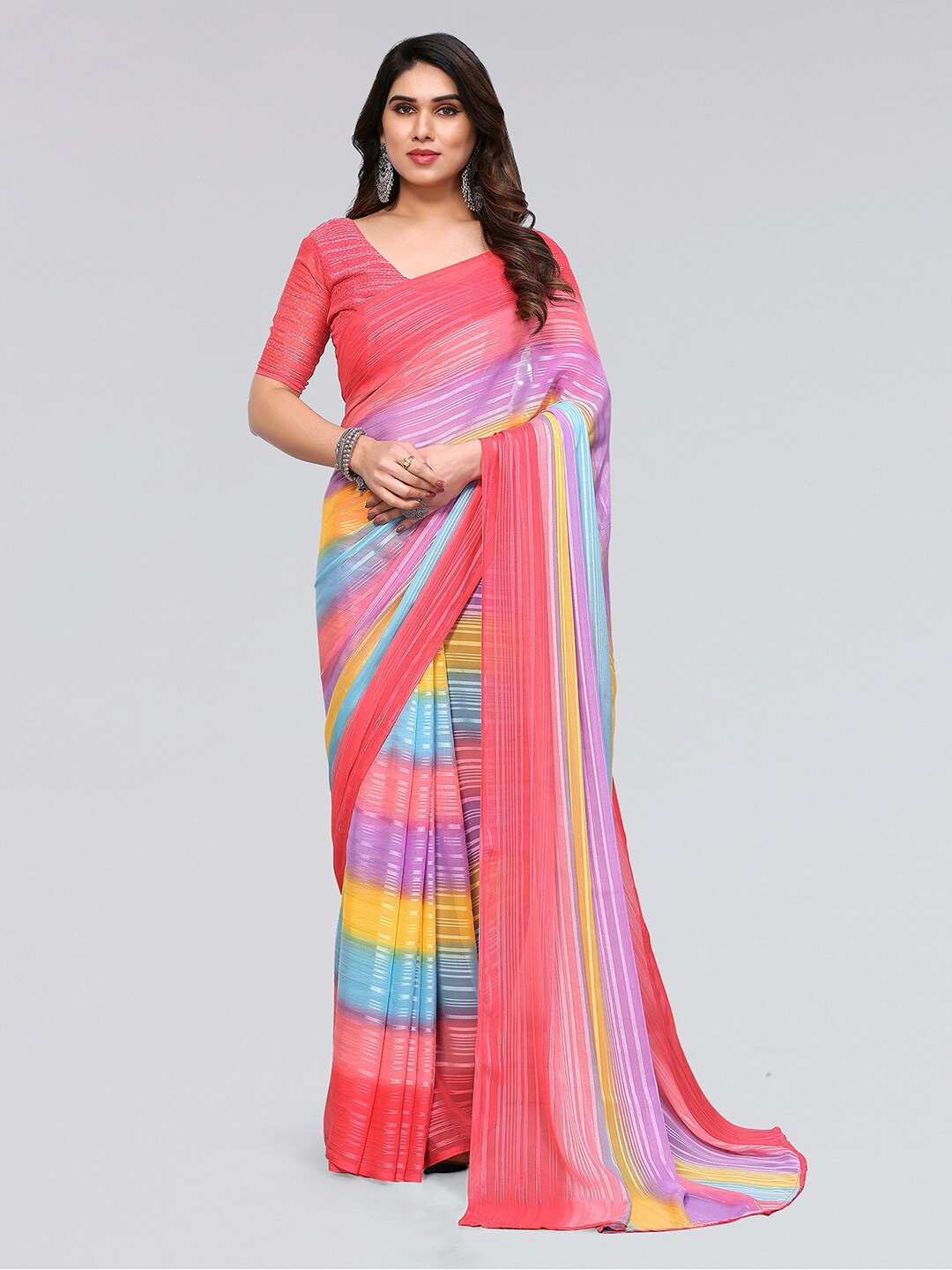 

KALINI Striped Poly Georgette Saree, Pink