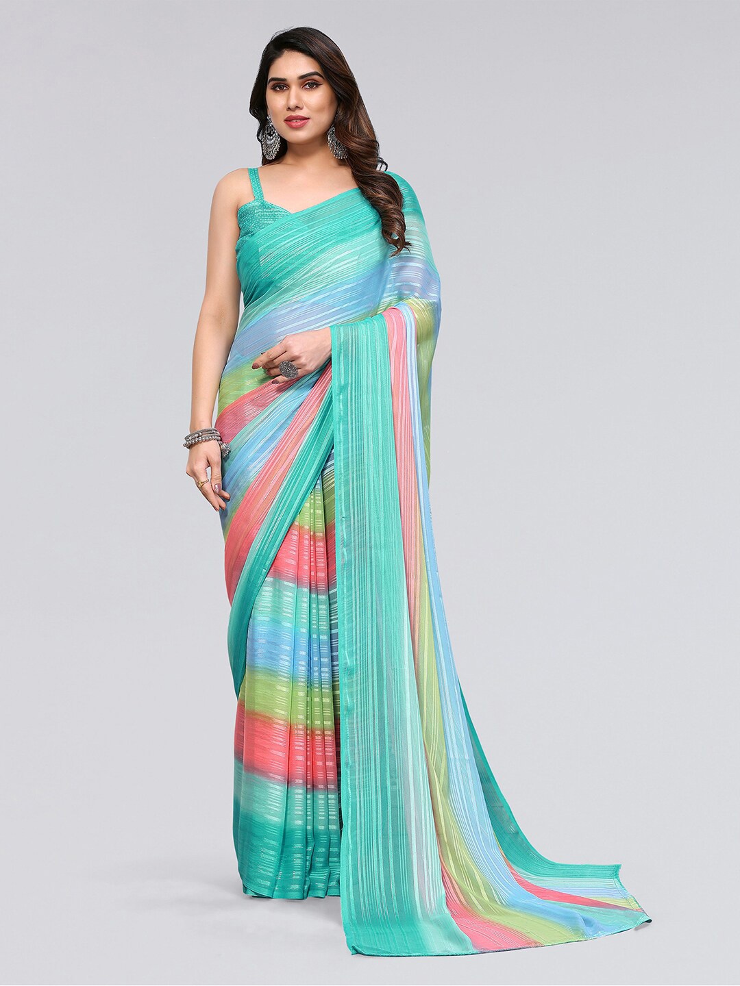

KALINI Striped Saree, Turquoise blue
