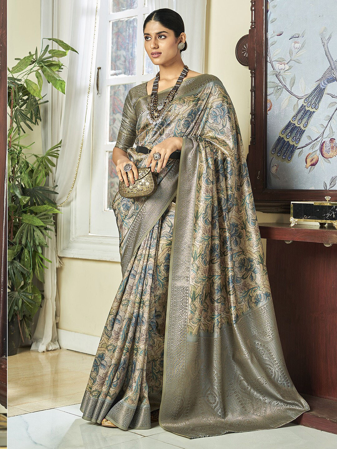

Satrani Ethnic Motifs Printed Zari Saree, Beige