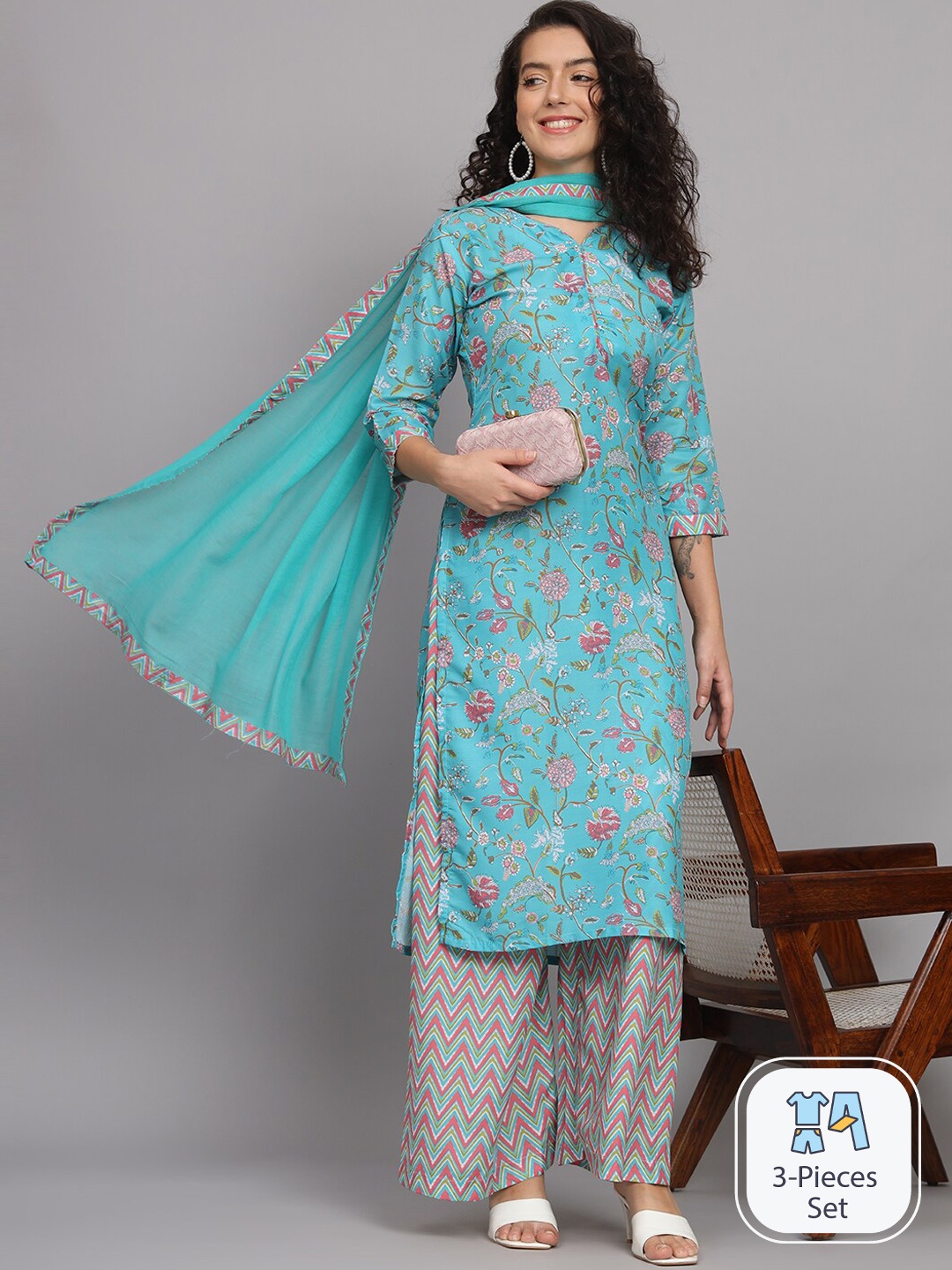 

KALINI Floral Printed Kurta with Palazzos & Dupatta, Blue