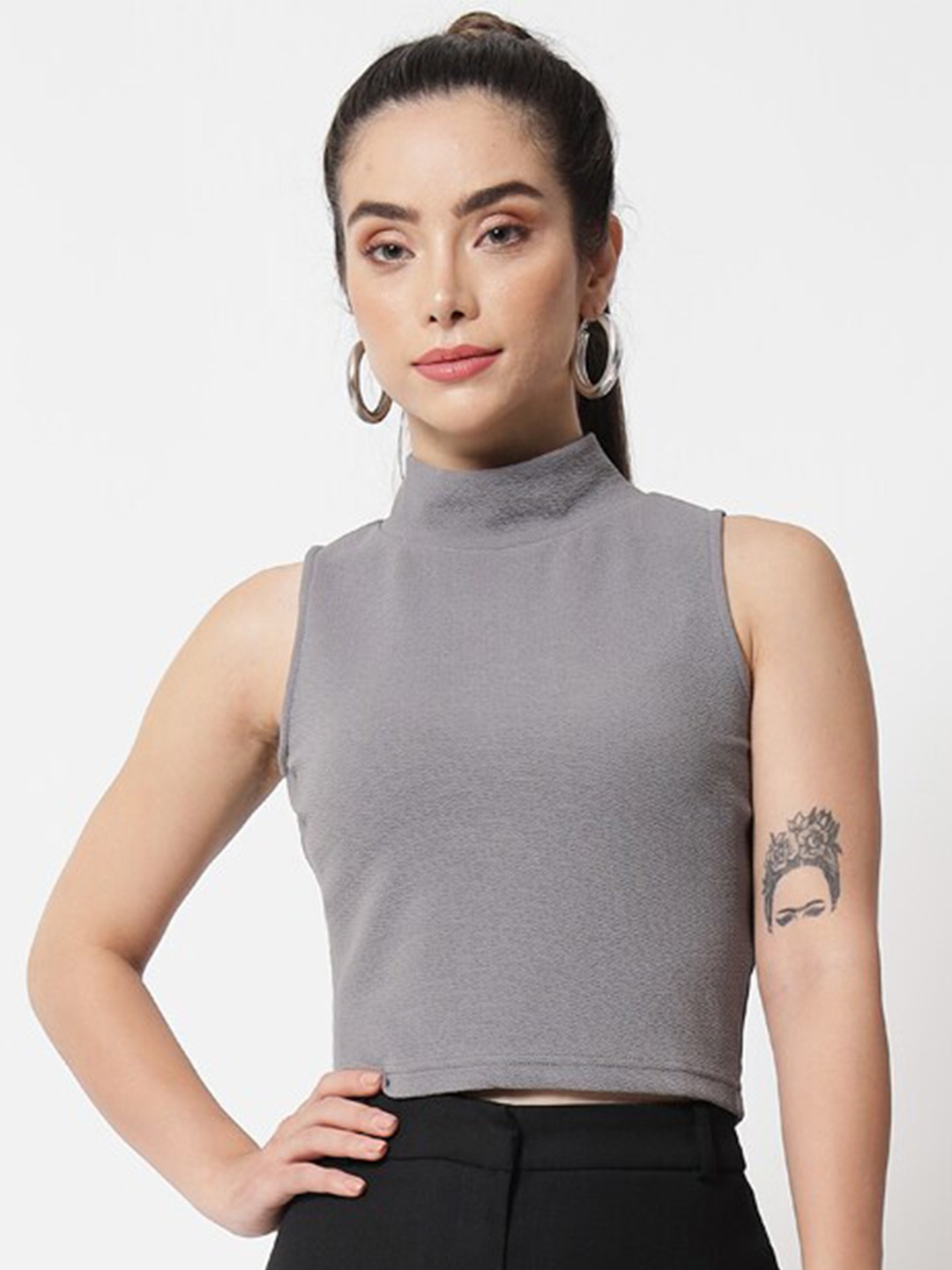 

Chemistry High Neck Sleeveless Crop Top, Grey