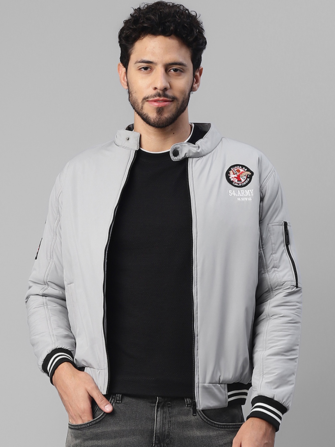 

UrbanMark Stand Collar Padded Jacket With Patchwork Jacket, Grey