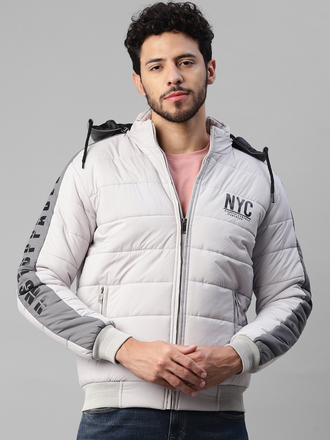 

UrbanMark Hooded Quilted Jacket With Zip Detail, Grey