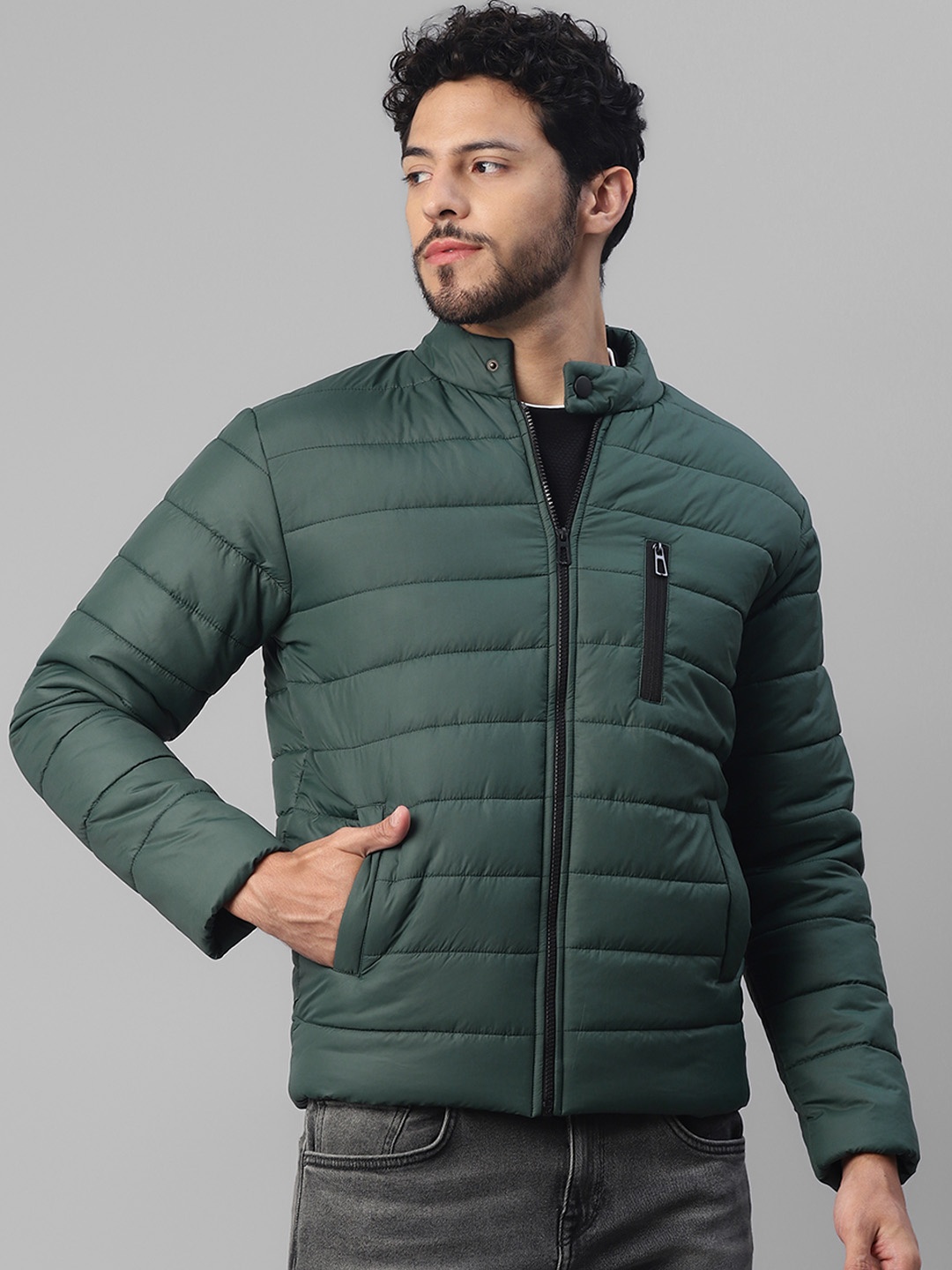 

UrbanMark Stand Collar Quilted Jacket With Zip Detail, Green