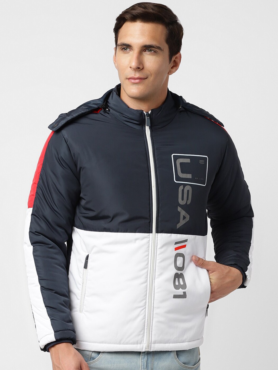 

UrbanMark Colourblocked Hooded Padded Jacket With Zip Detail, Navy blue