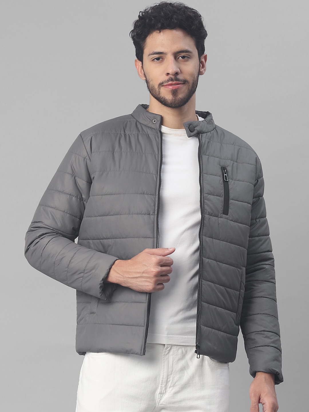 

UrbanMark Stand Collar Quilted Jacket With Zip Detail, Grey