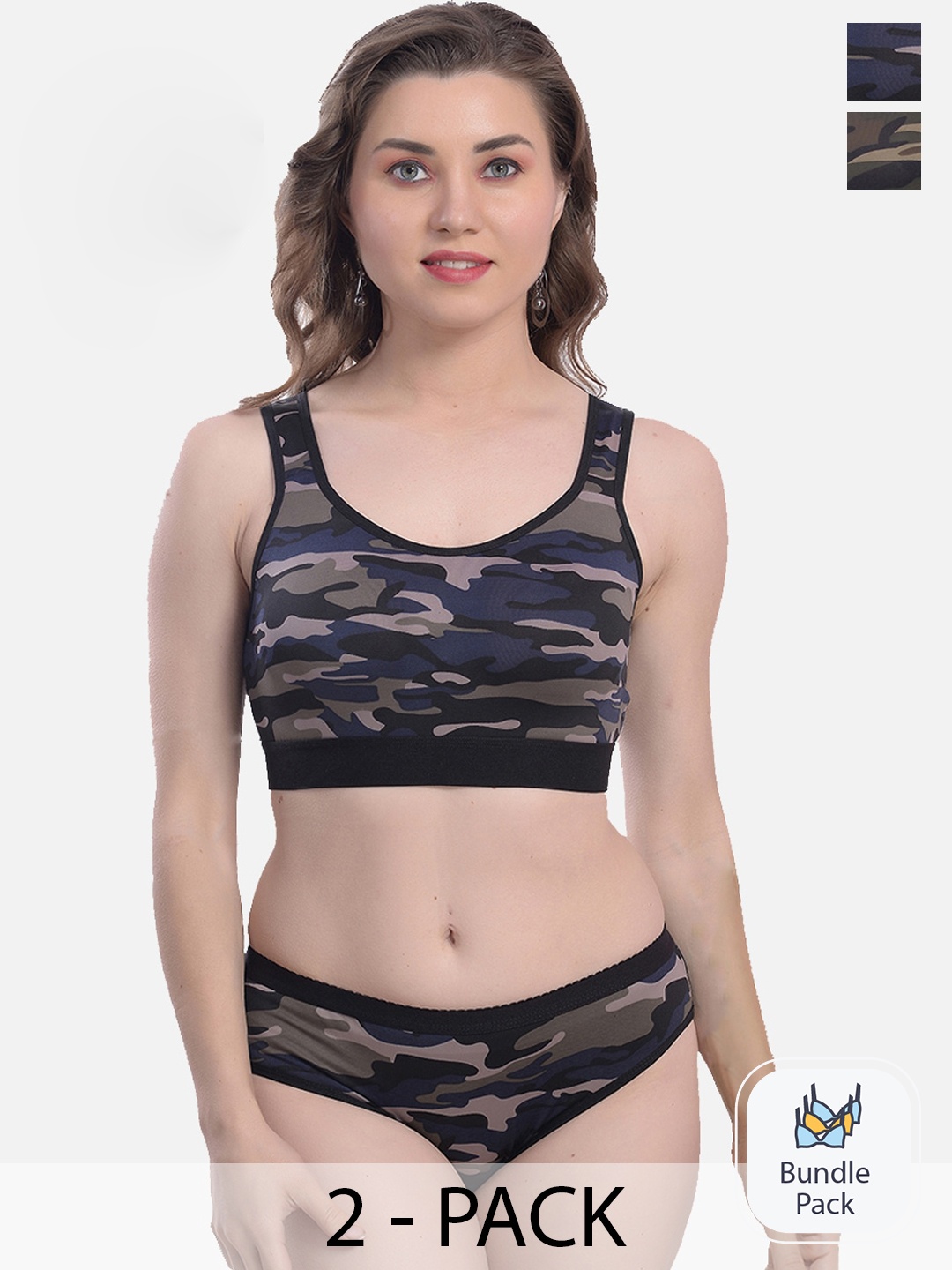 

StyFun Pack Of 2 Camouflage Printed Lingerie Set, Blue