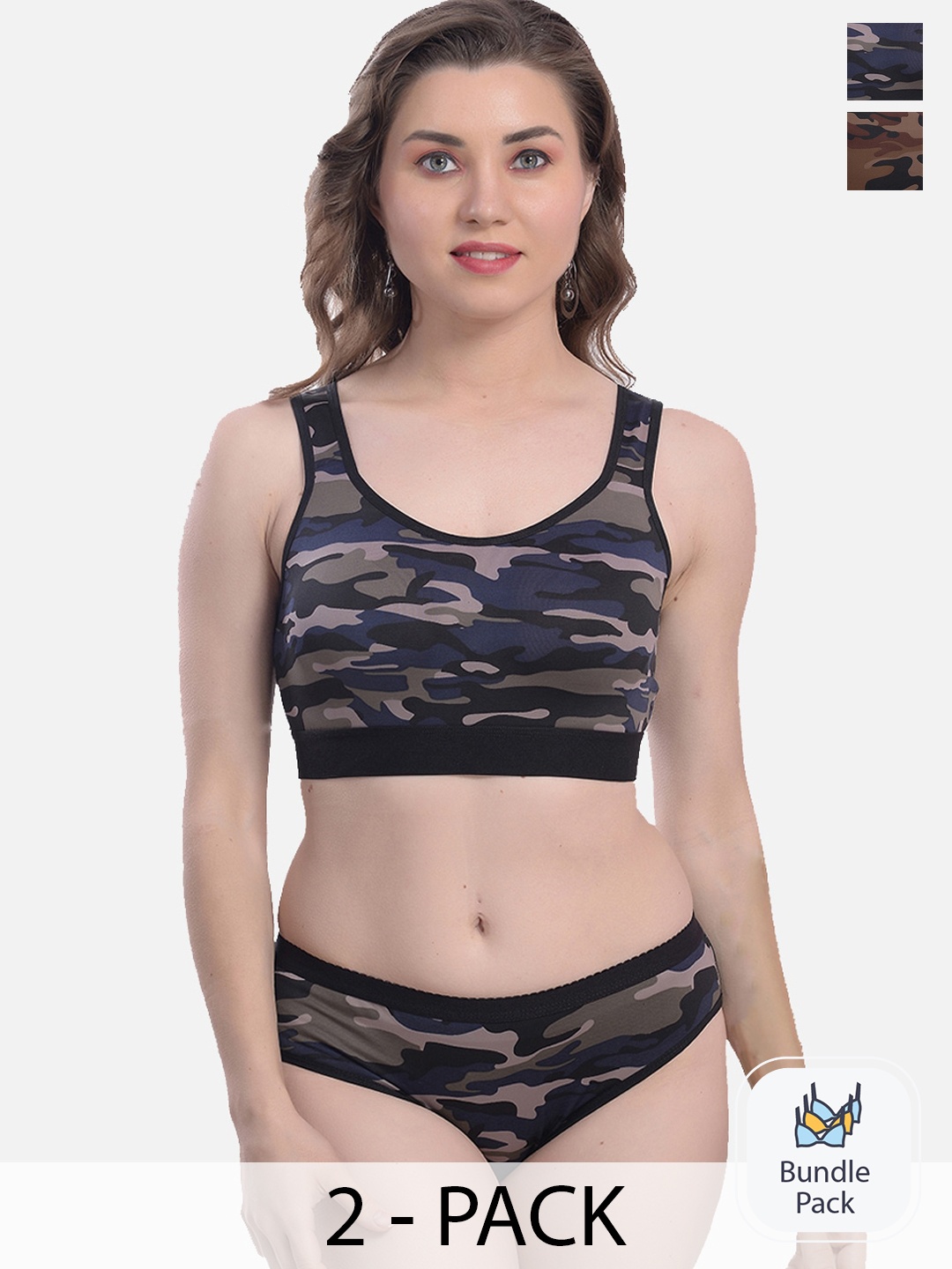 

StyFun Pack Of 2 Camouflage Printed Lingerie Set, Blue