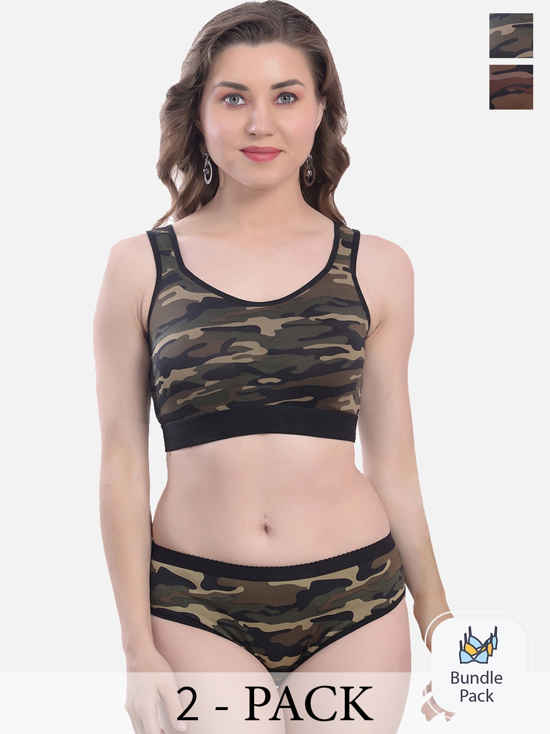 

StyFun Pack Of 2 Camouflage Printed Lingerie Set, Green