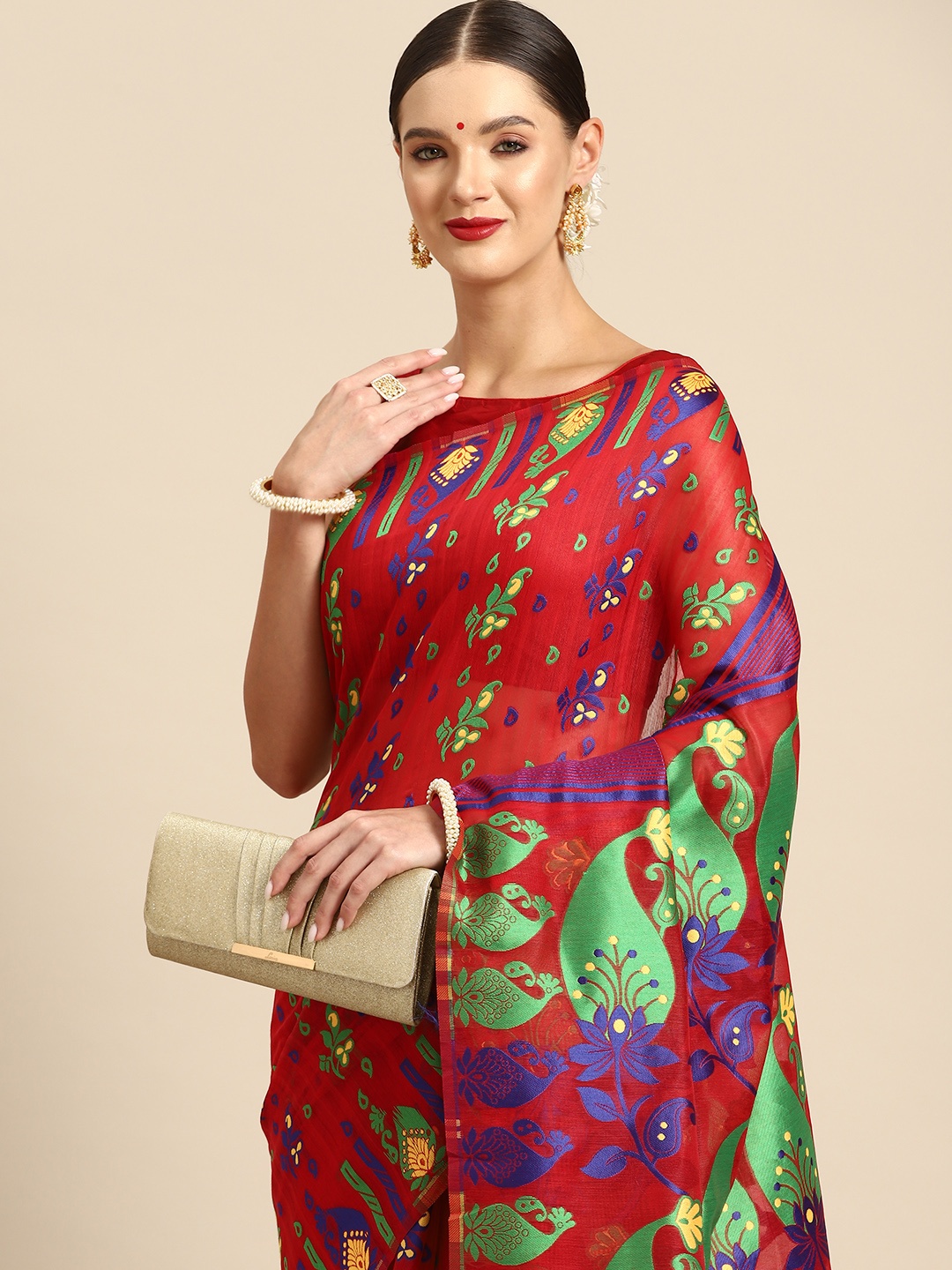 

Silk Land Ethnic Motifs Woven Design Pure Cotton Jamdani Saree, Red