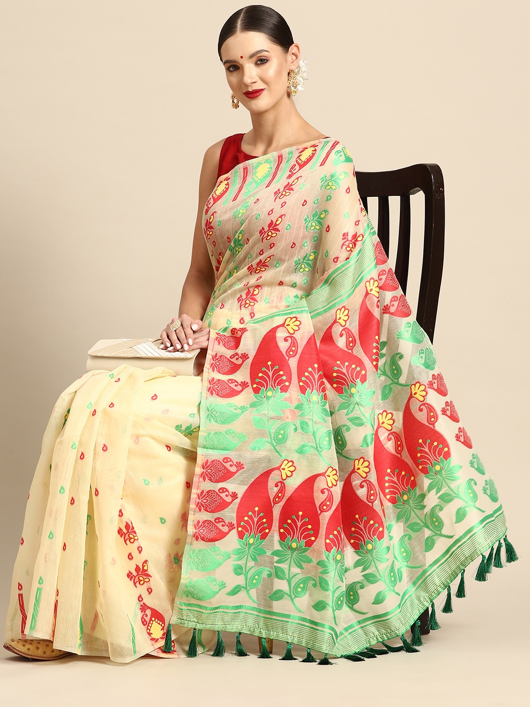 

Silk Land Ethnic Motifs Woven Design Pure Cotton Jamdani Saree, Beige